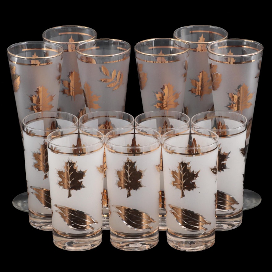 Libbey "Golden Foliage" Flat Tumblers and Pilsner Glasses, Mid-20th Century