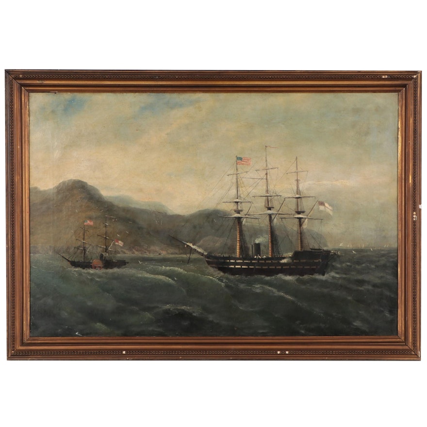 Oil Painting of Sailing Ships, Late 19th to Early 20th Century