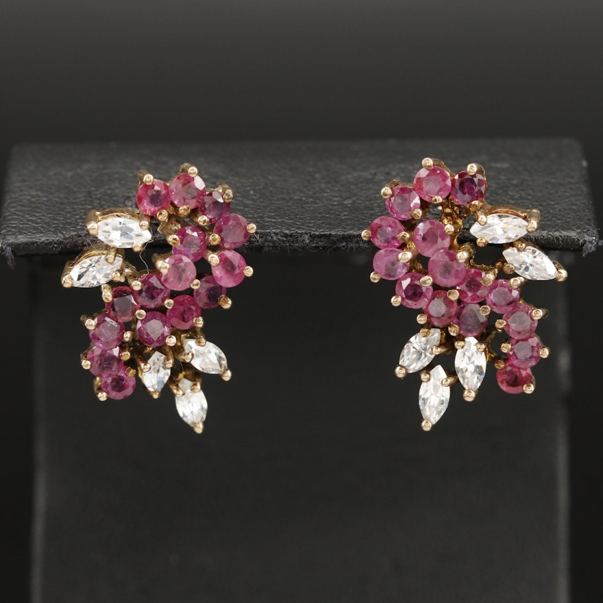 10K Cubic Zirconia and Ruby Cluster Earrings