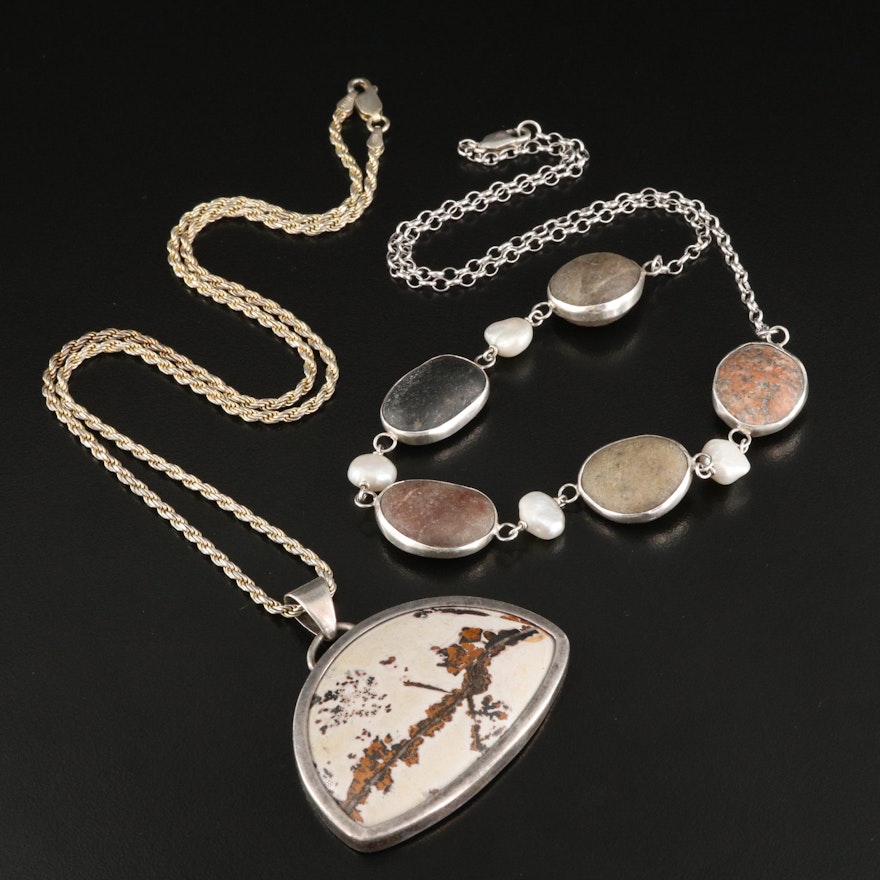 Sterling Necklaces Including Italian, Jasper, Pearl and Quartzite