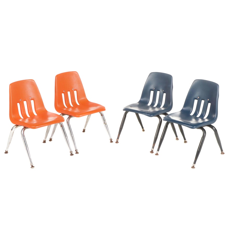 Four Virco Modernist Molded Plastic and Tubular Steel Child's Side Chairs