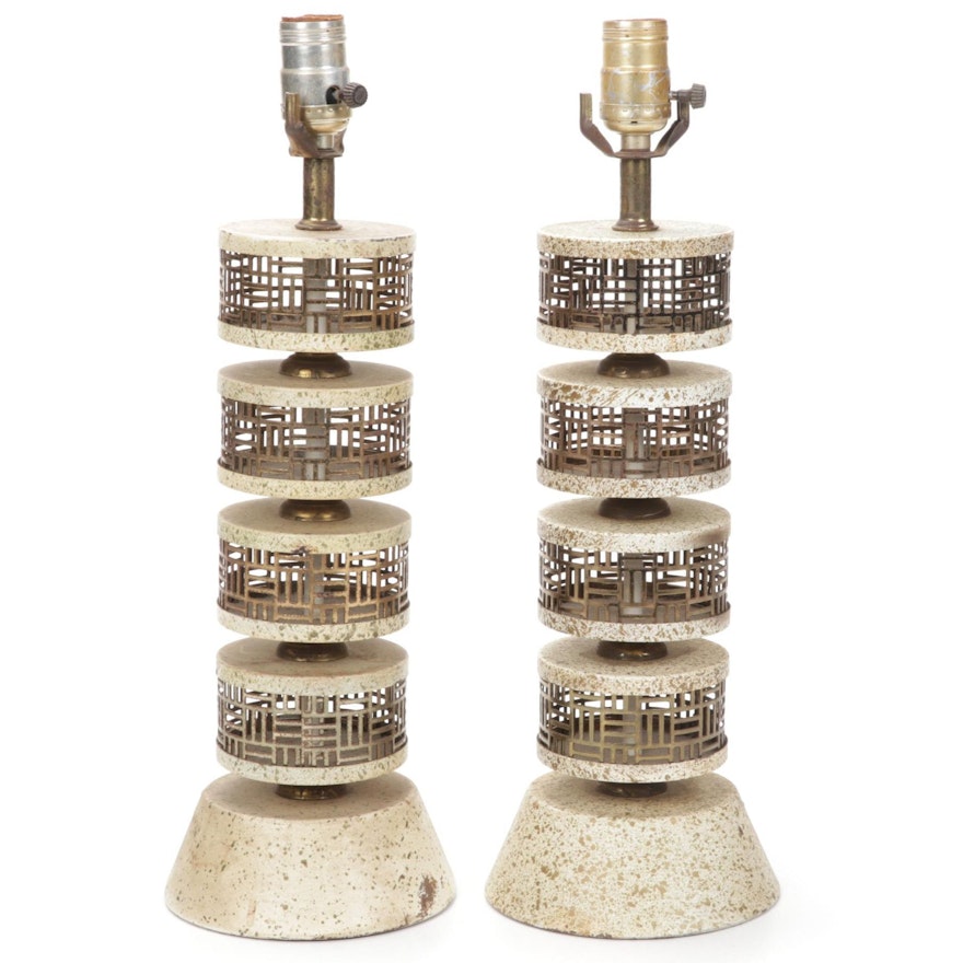 Pair of Mid Century Modern Stacked Metal Disc Table Lamps