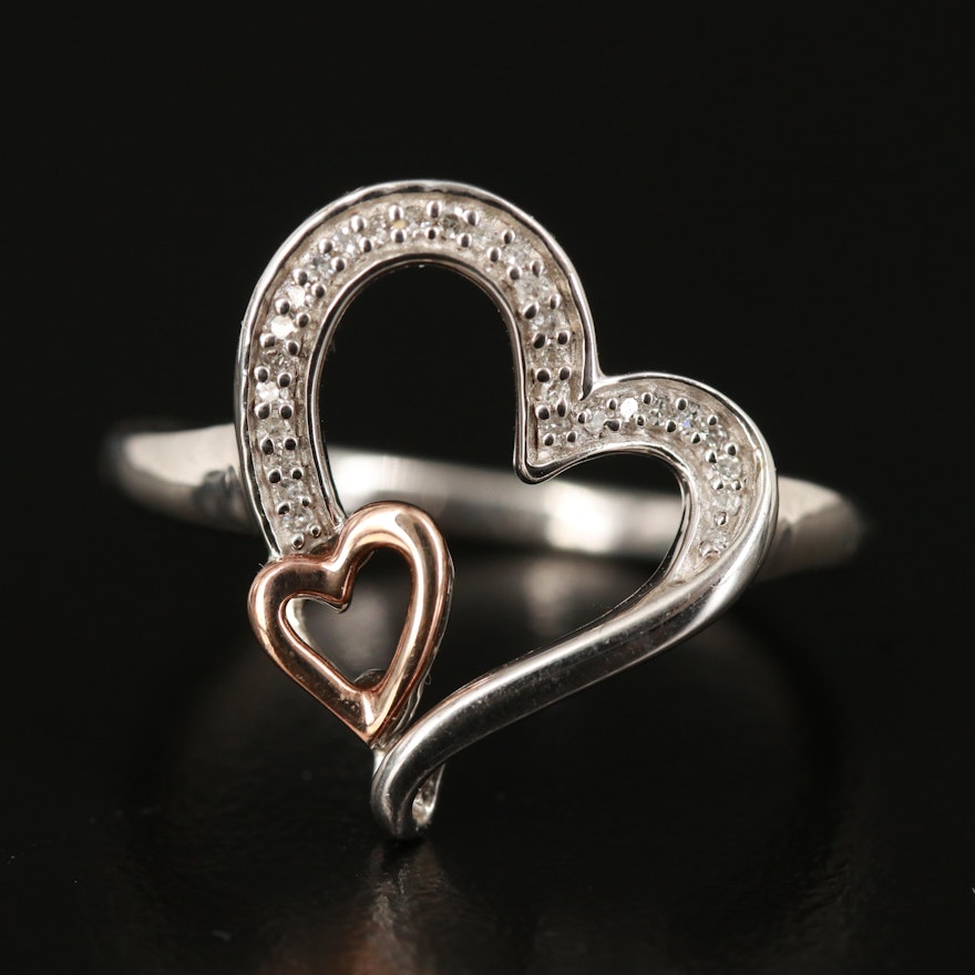 Sterling Diamond Heart Ring with 10K Rose Gold Accent