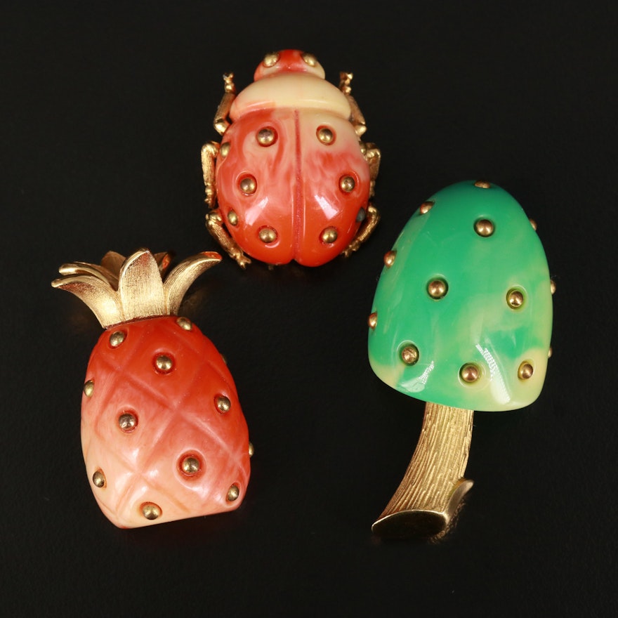 Crown Trifari Mushroom, Pineapple and Insect Brooches