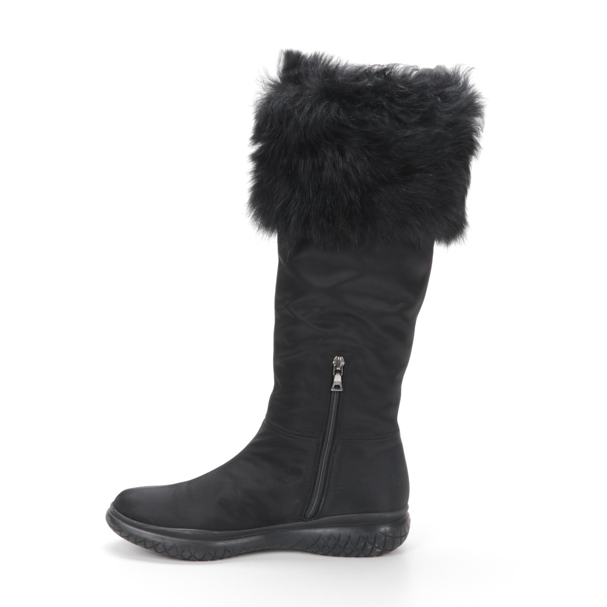 Prada Sport Black Nylon Fur Trimmed Winter Boots