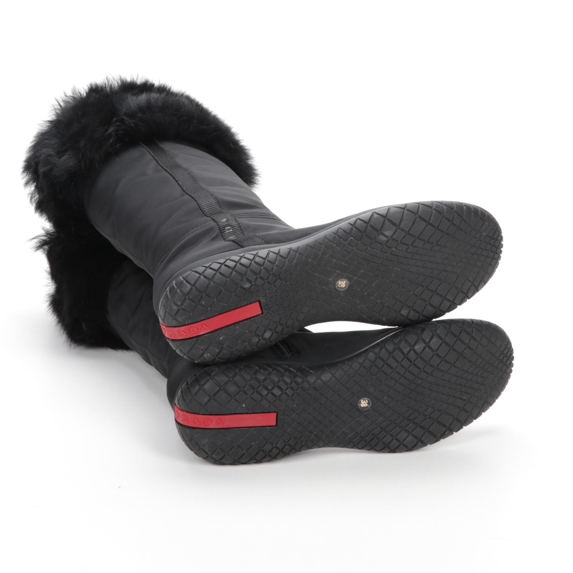 Prada Sport Black Nylon Fur Trimmed Winter Boots