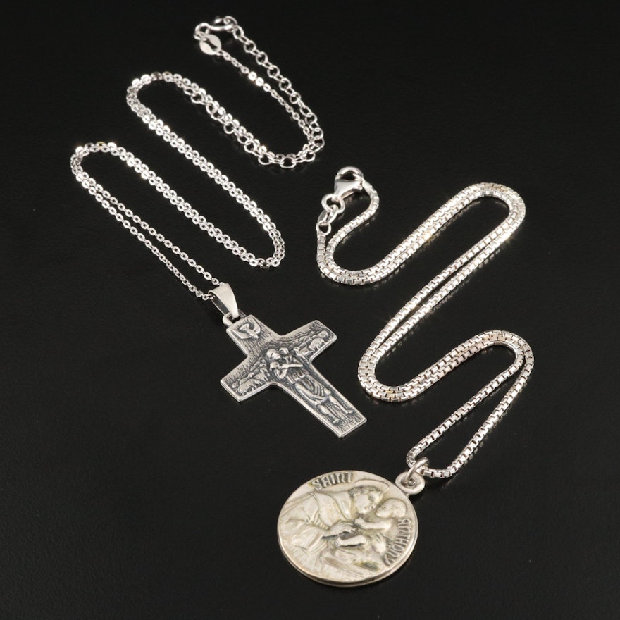 Sterling Cross and Religious Medallion Pendant Necklaces