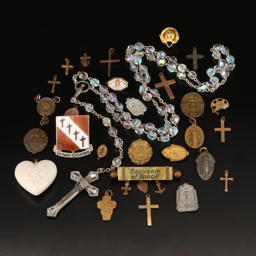 Religious Pins, Pendants, Crosses and Rosary Featuring 10K
