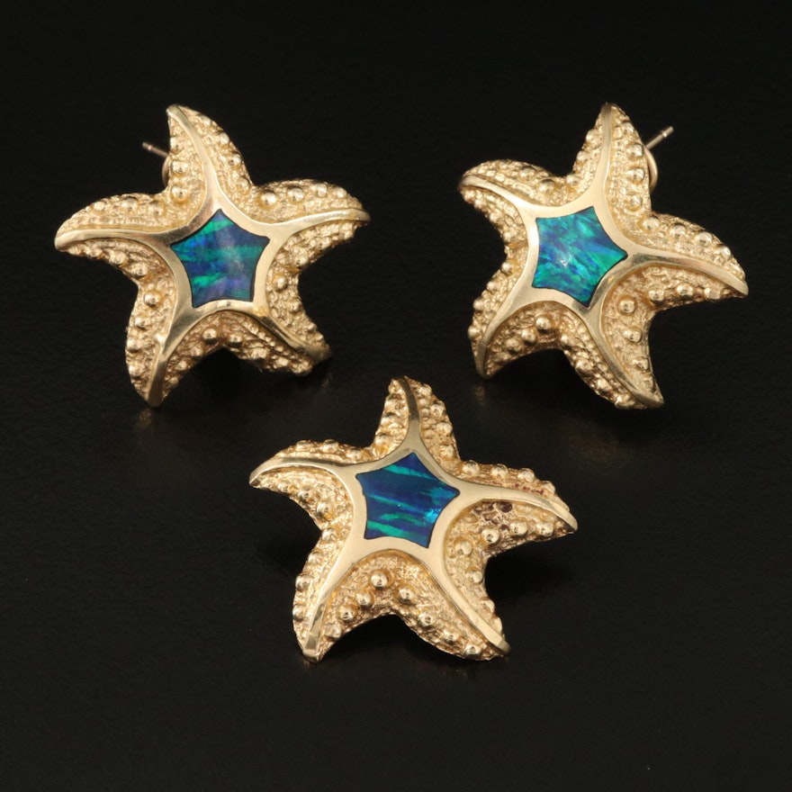 14K Opal Inlay Starfish Earrings and Pendant Set