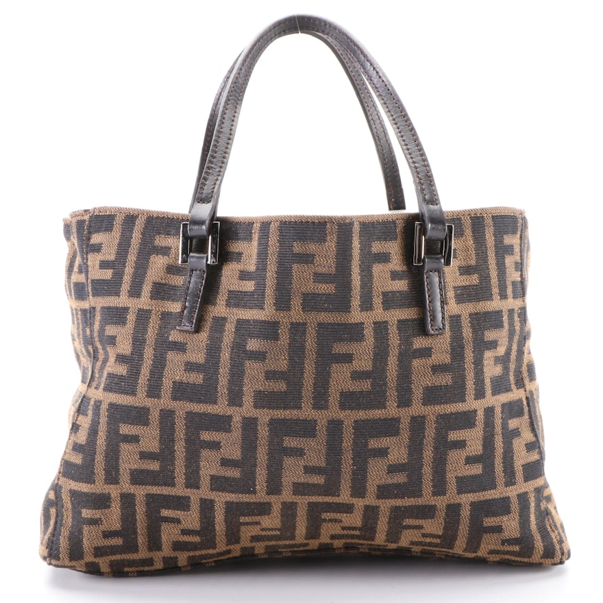 Fendi Small Shopper Tote Bag in FF Zucca Canvas and Dark Brown Leather