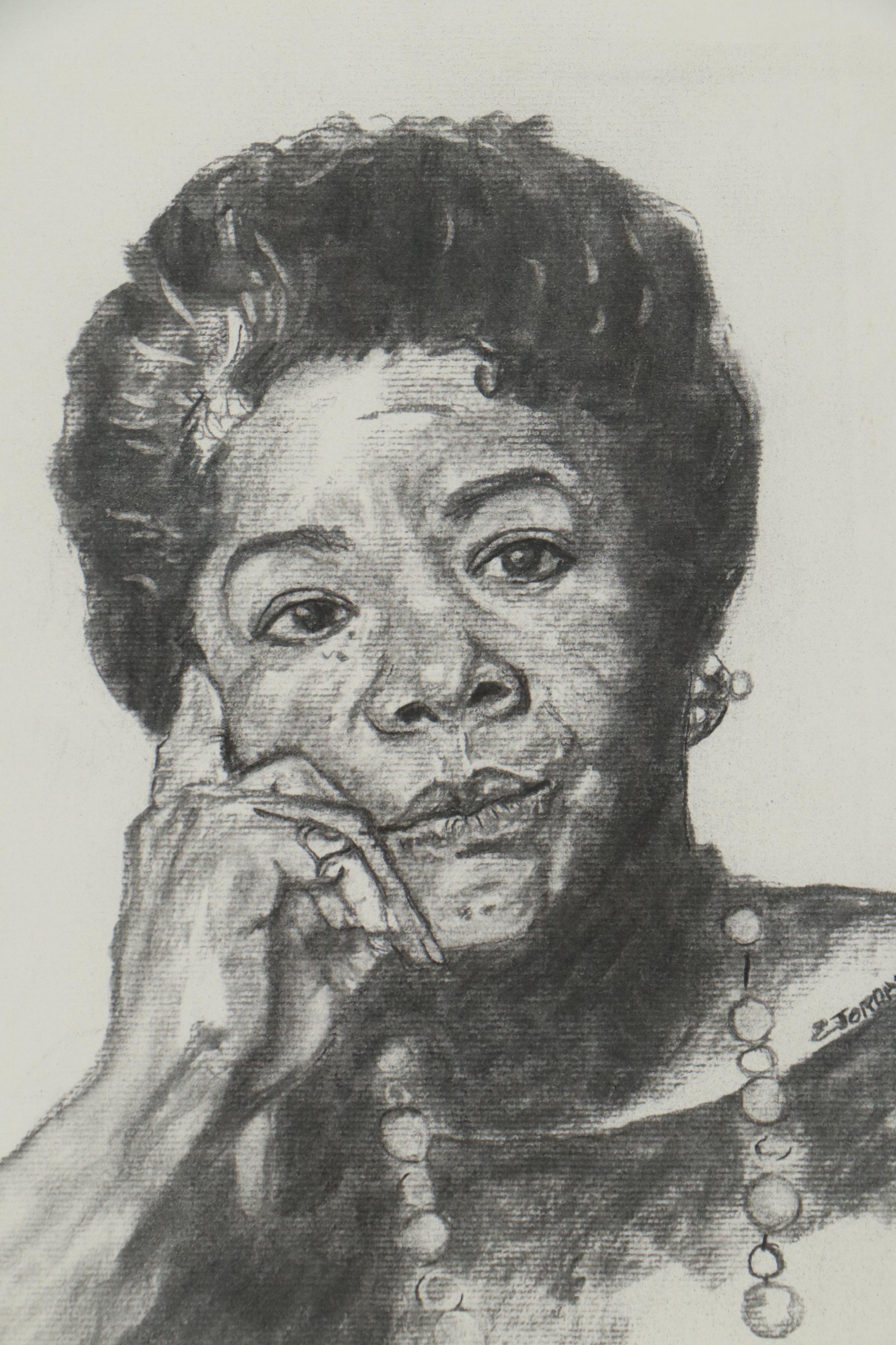 Elliot Jordan Charcoal Drawing After Scott Martin Photograph of Maya Angelou