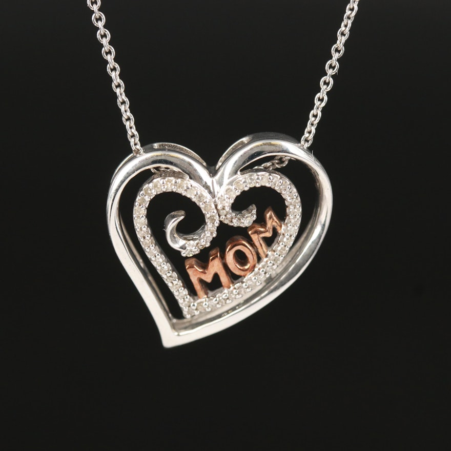 Sterling Diamond "Mom" Heart Pendant Necklace