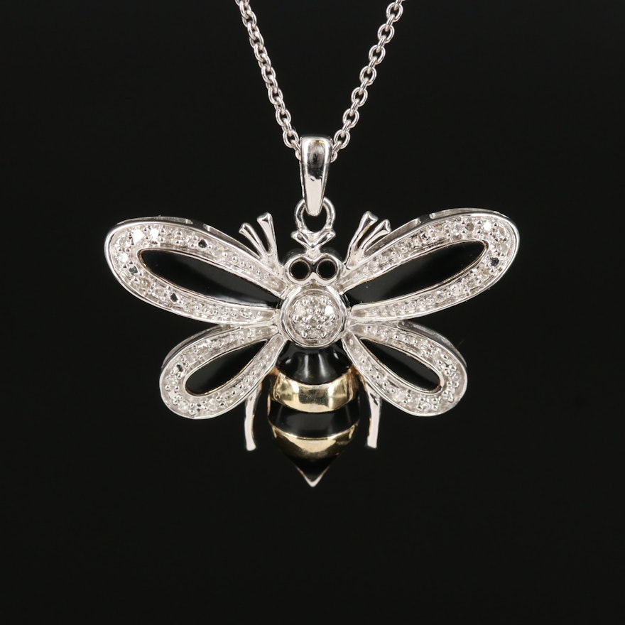 Sterling Diamond and Enamel Bee Pendant Necklace