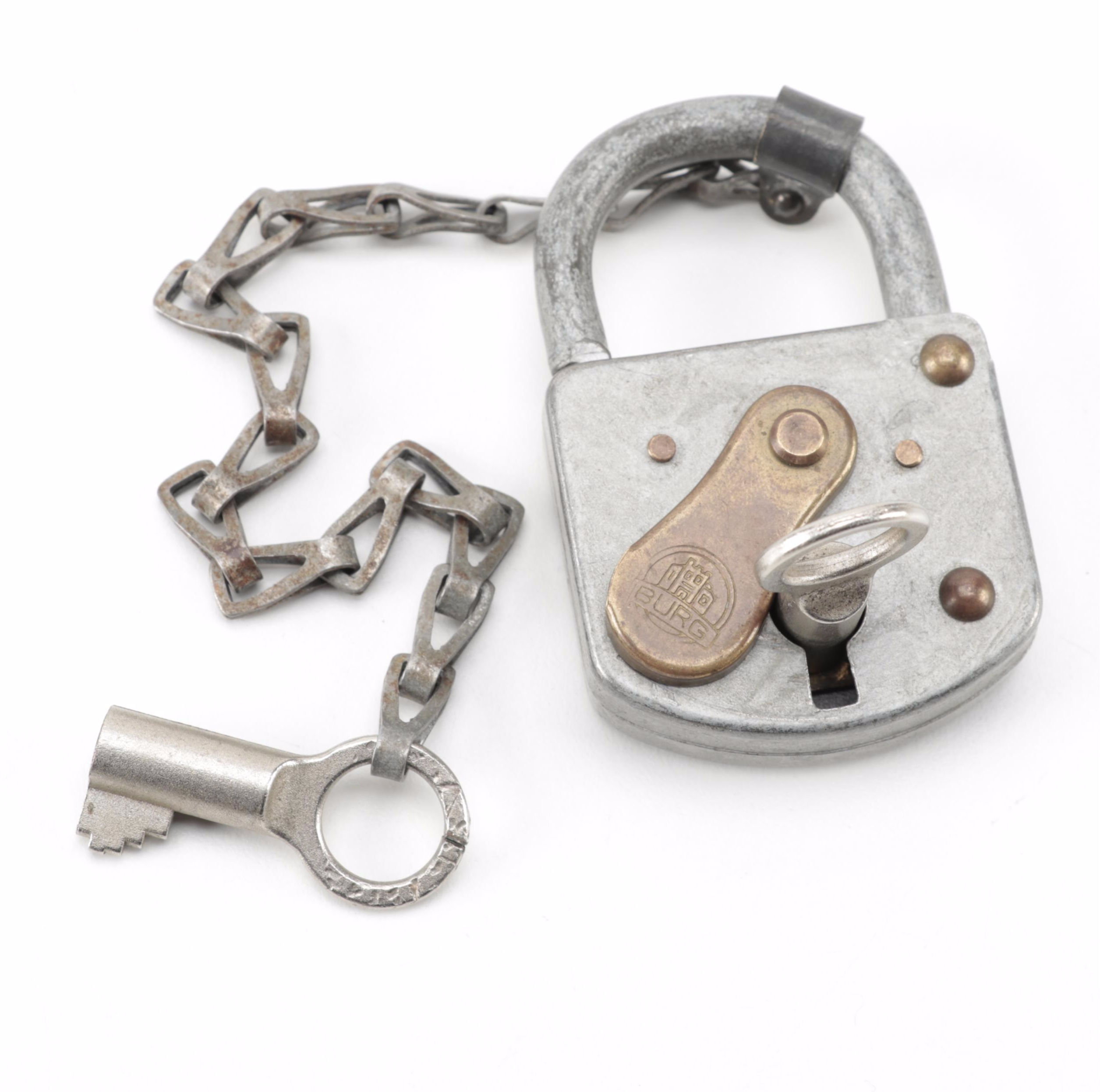 Argus Iron Claw Single Handcuff, Early 1930s, and Burg Padlock with Chain