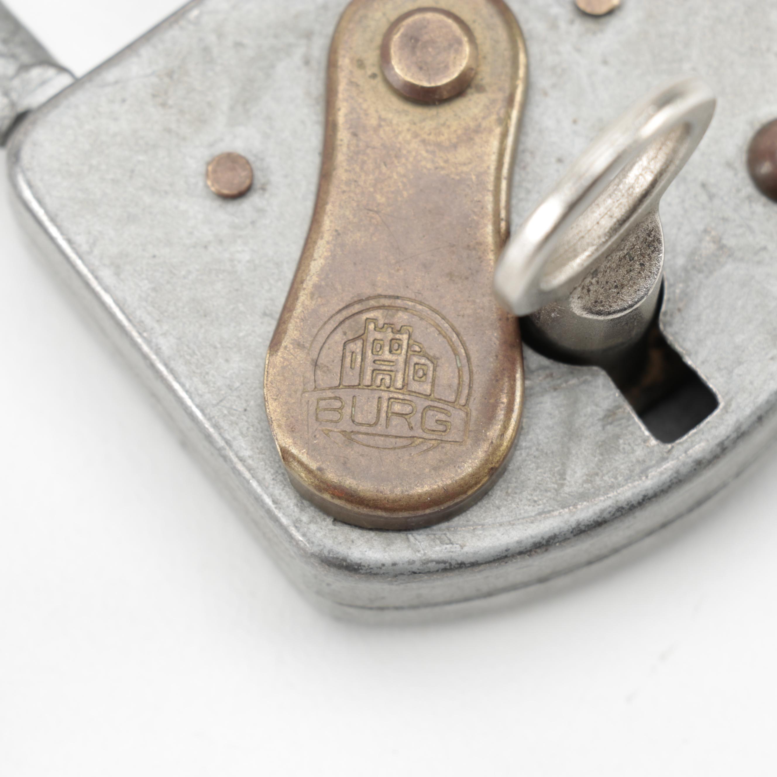 Argus Iron Claw Single Handcuff, Early 1930s, and Burg Padlock with Chain