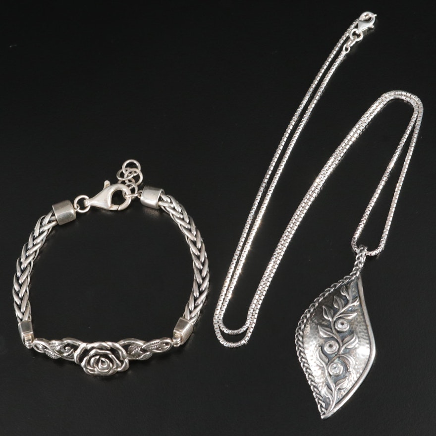 Or Paz Sterling White Spinel Pendant Necklace with Sterling Floral Bracelet