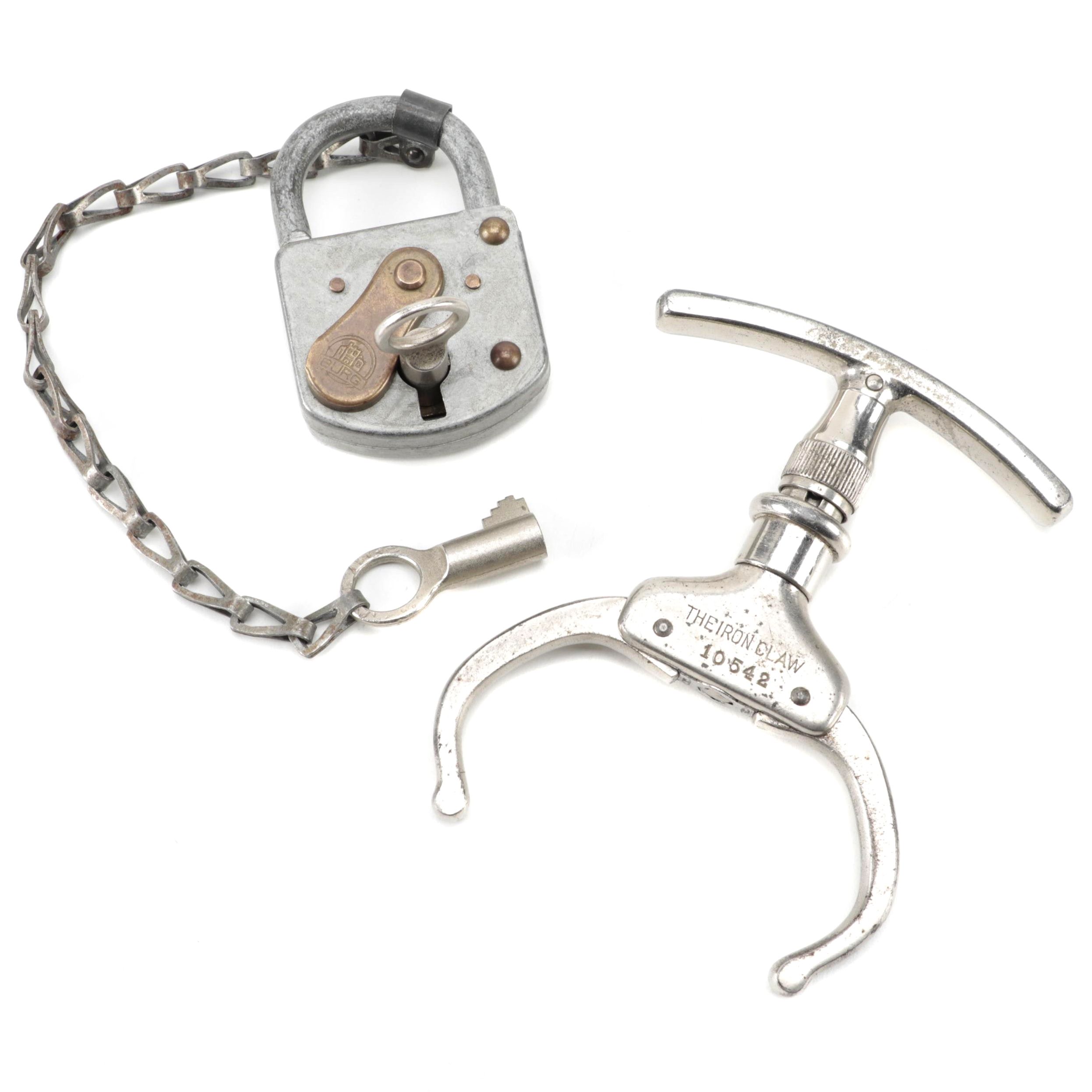 Argus Iron Claw Single Handcuff, Early 1930s, and Burg Padlock with Chain