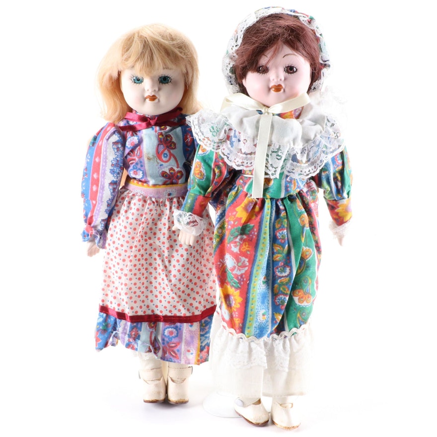 Porcelain Dolls in Blue and Flowered Dresses, 16 inch,  Late 20th Century