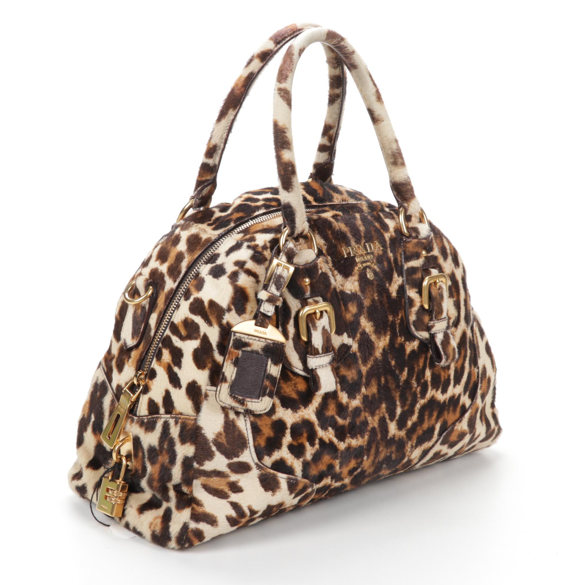 Prada Leopard Print Calf Hair Bowler Bag with Detachable Shoulder Strap