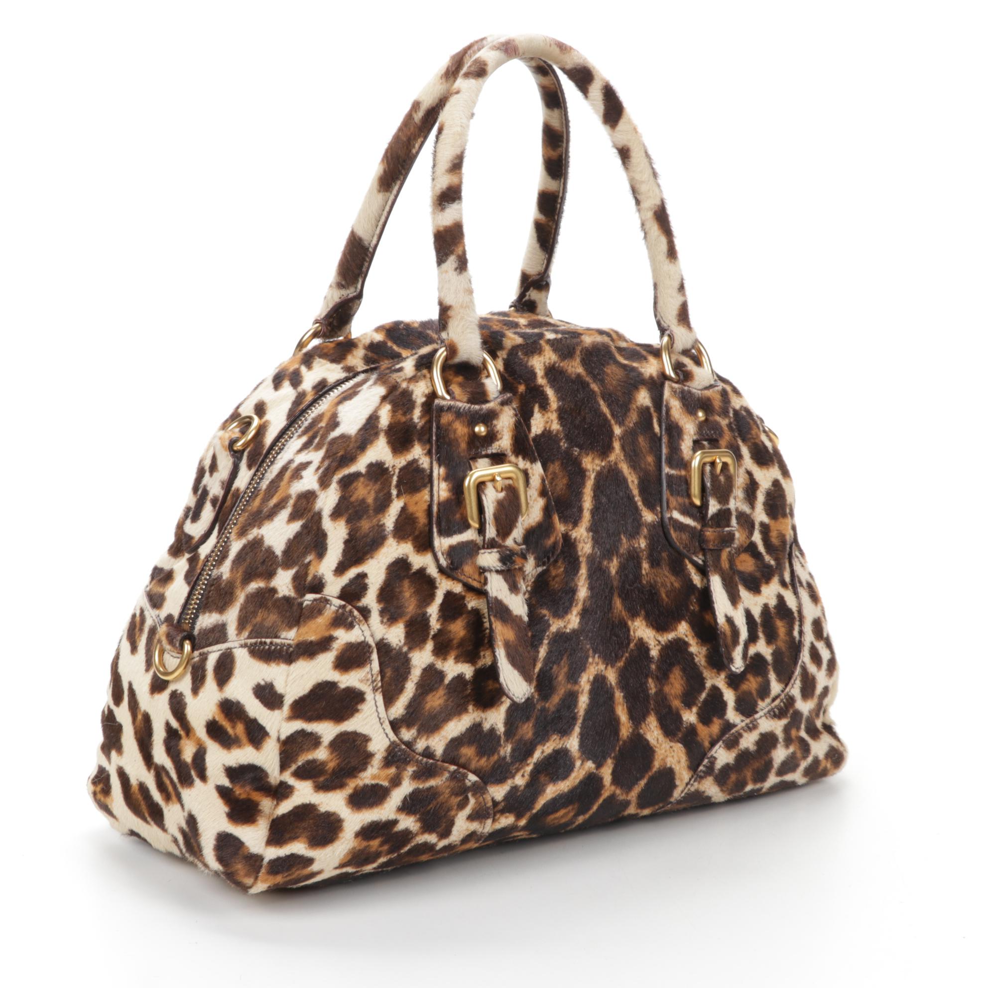 Prada Leopard Print Calf Hair Bowler Bag with Detachable Shoulder Strap