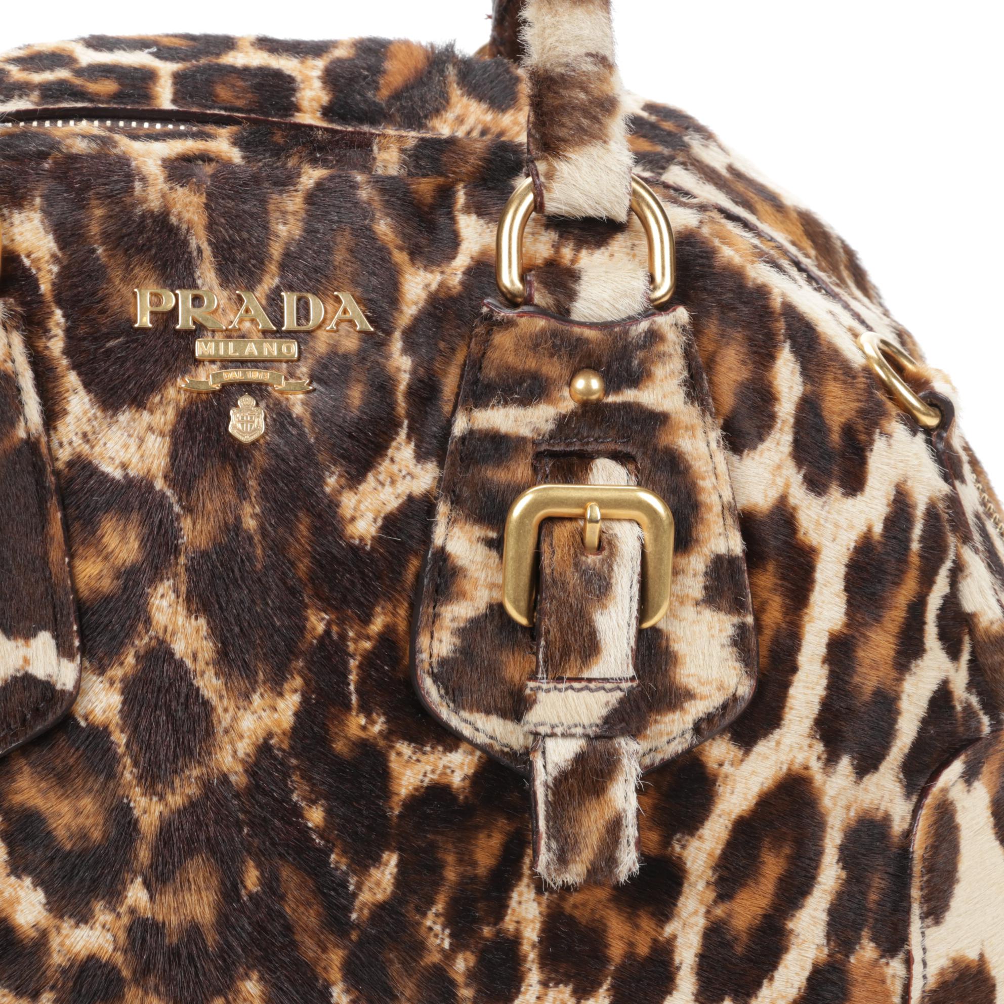 Prada Leopard Print Calf Hair Bowler Bag with Detachable Shoulder Strap
