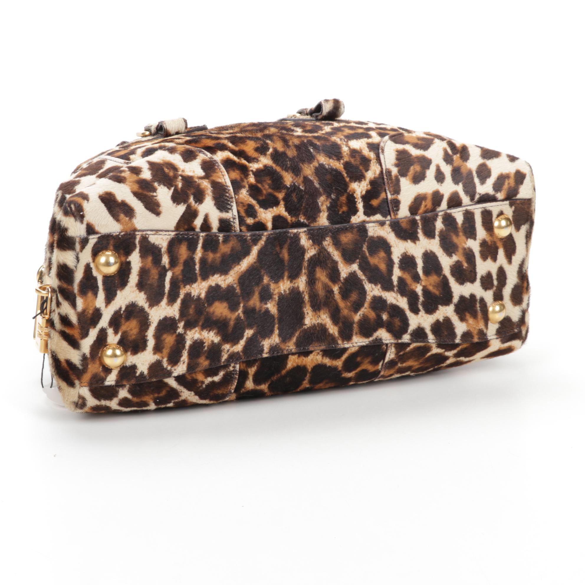 Prada Leopard Print Calf Hair Bowler Bag with Detachable Shoulder Strap