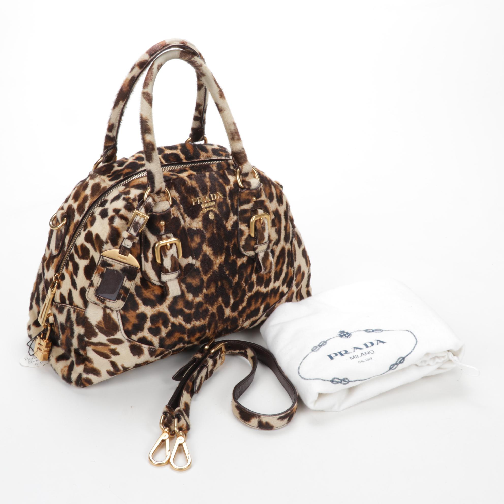 Prada Leopard Print Calf Hair Bowler Bag with Detachable Shoulder Strap