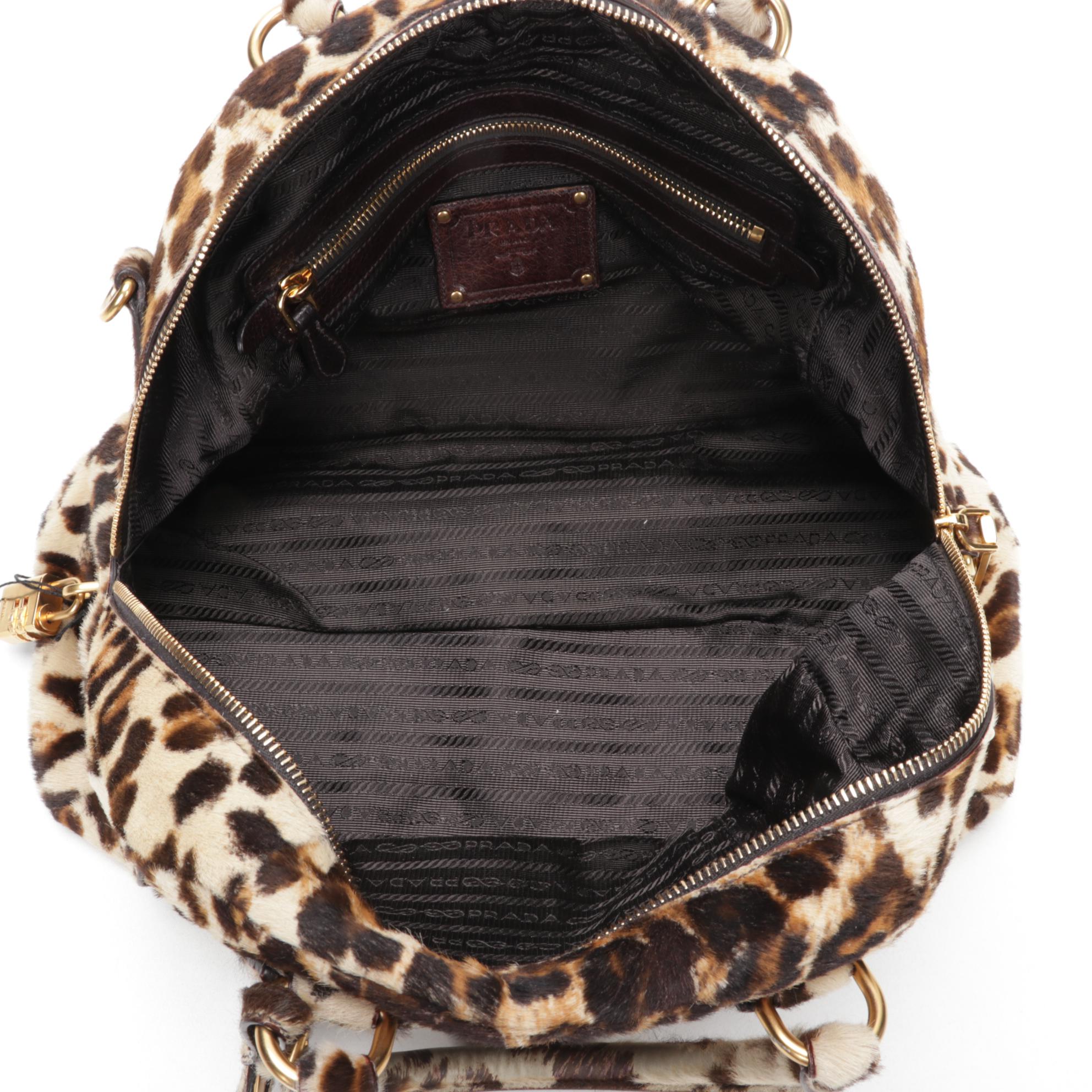 Prada Leopard Print Calf Hair Bowler Bag with Detachable Shoulder Strap