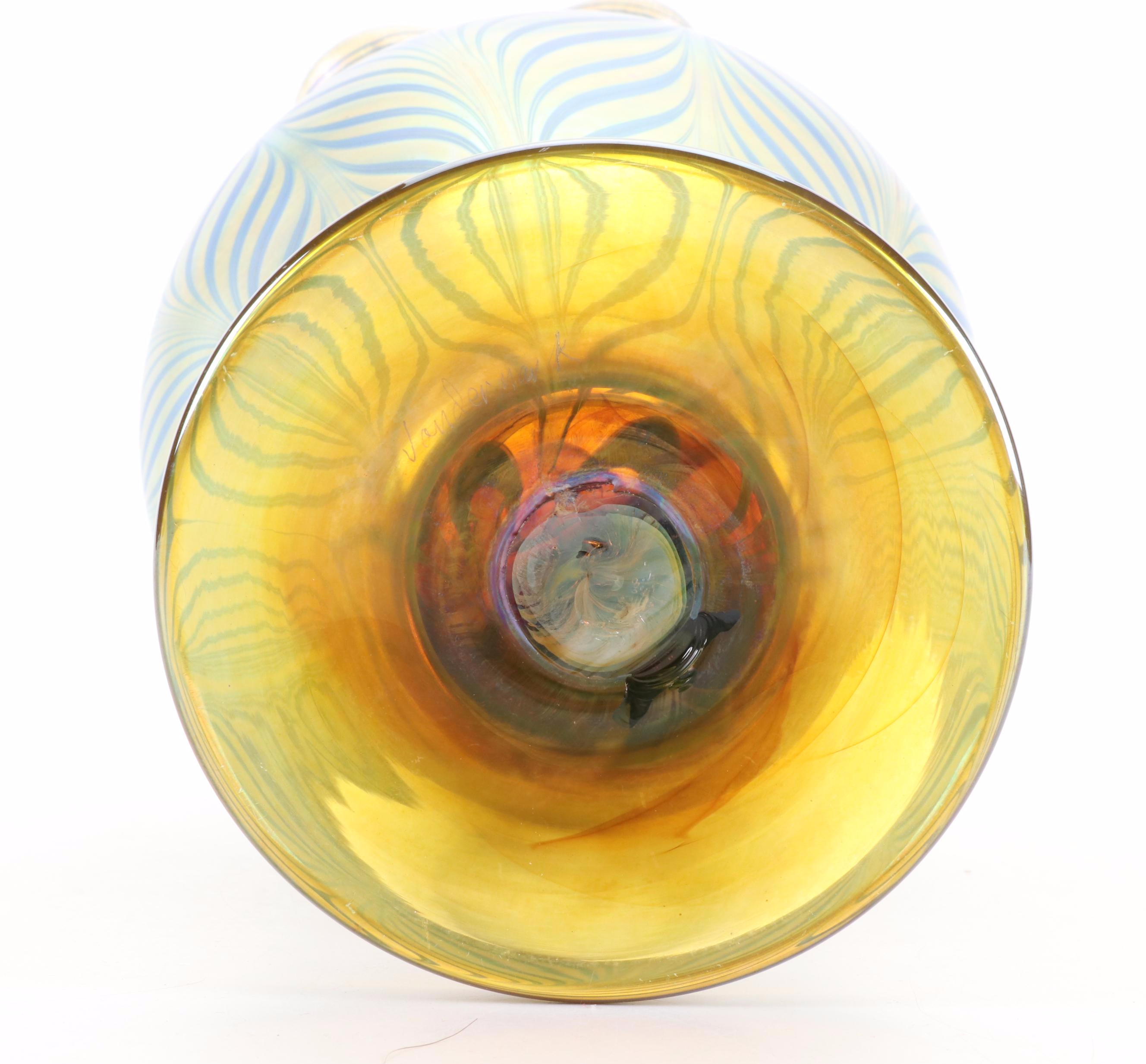 Vandermark Merritt Fluted Iridescent Pulled Feather Studio Art Glass Vase