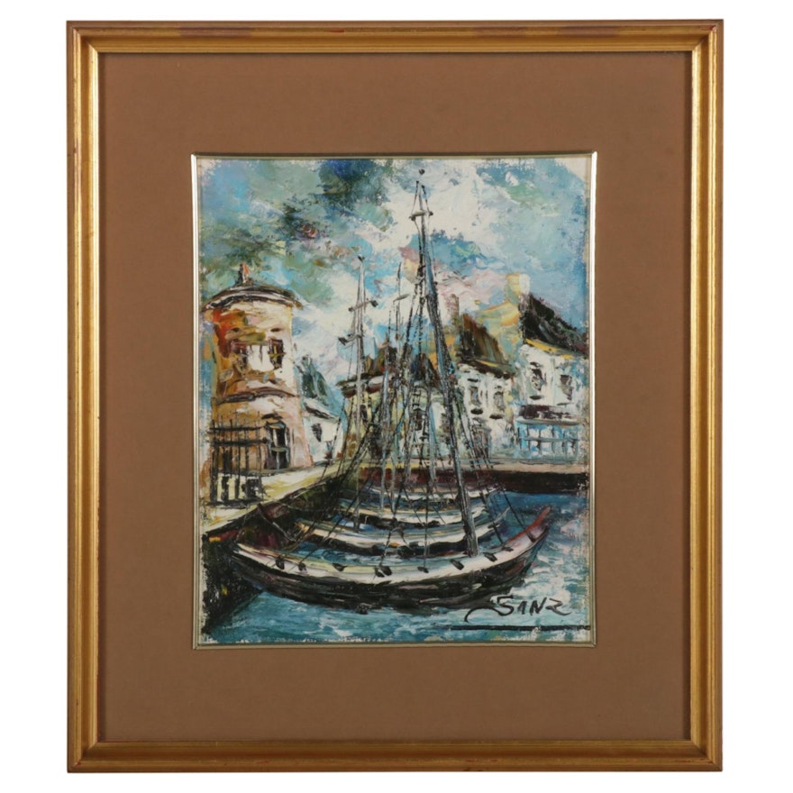 Impasto Oil Painting of Sailboats Docked in City Harbor, Late 20th-21st Century