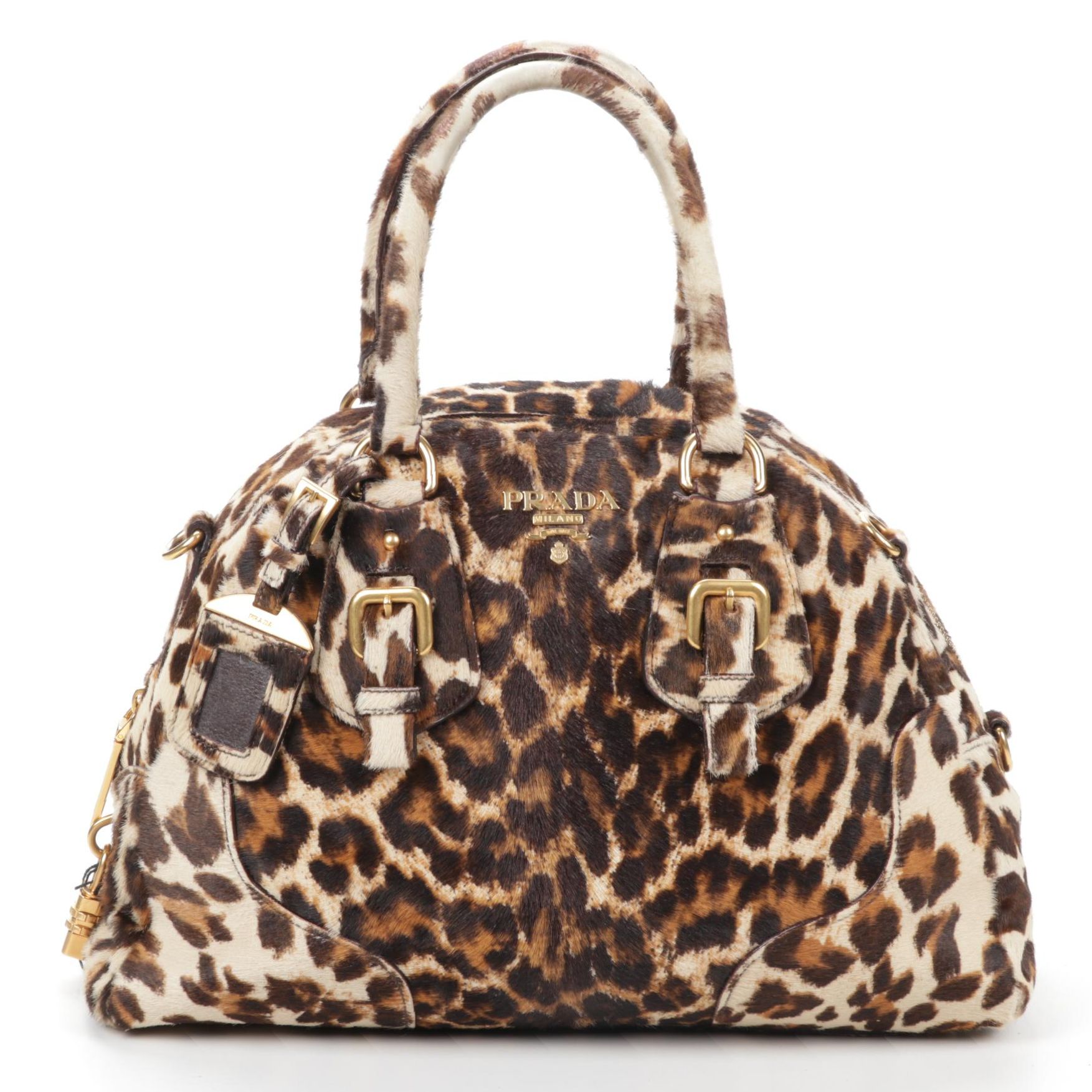 Prada Leopard Print Calf Hair Bowler Bag with Detachable Shoulder Strap