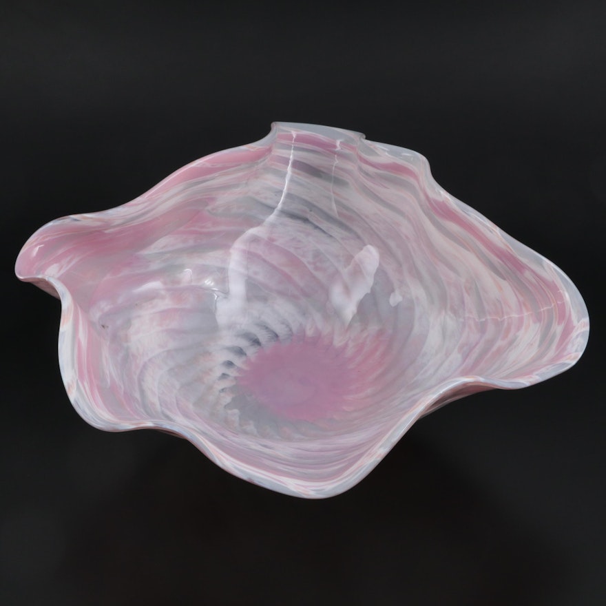 Signed Blown Pink and White Abstract Freeform Studio Art Glass Centerpiece Bowl