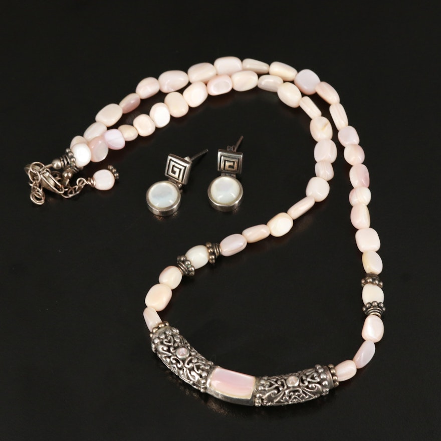 Sterling Shell and Mother of Pearl Necklace and Earrings