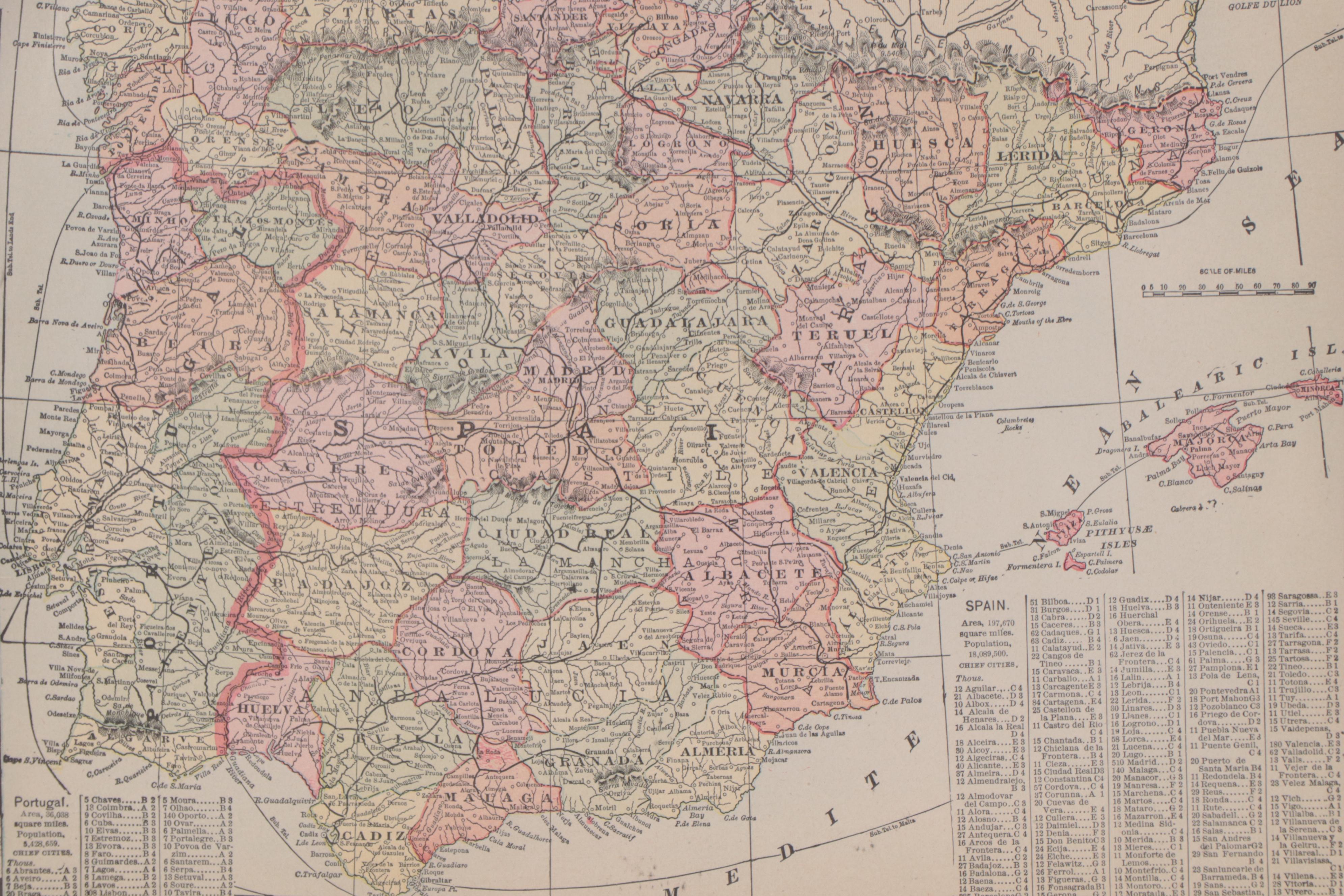 Wood Engraved Map of Spain and Portugal, 1898