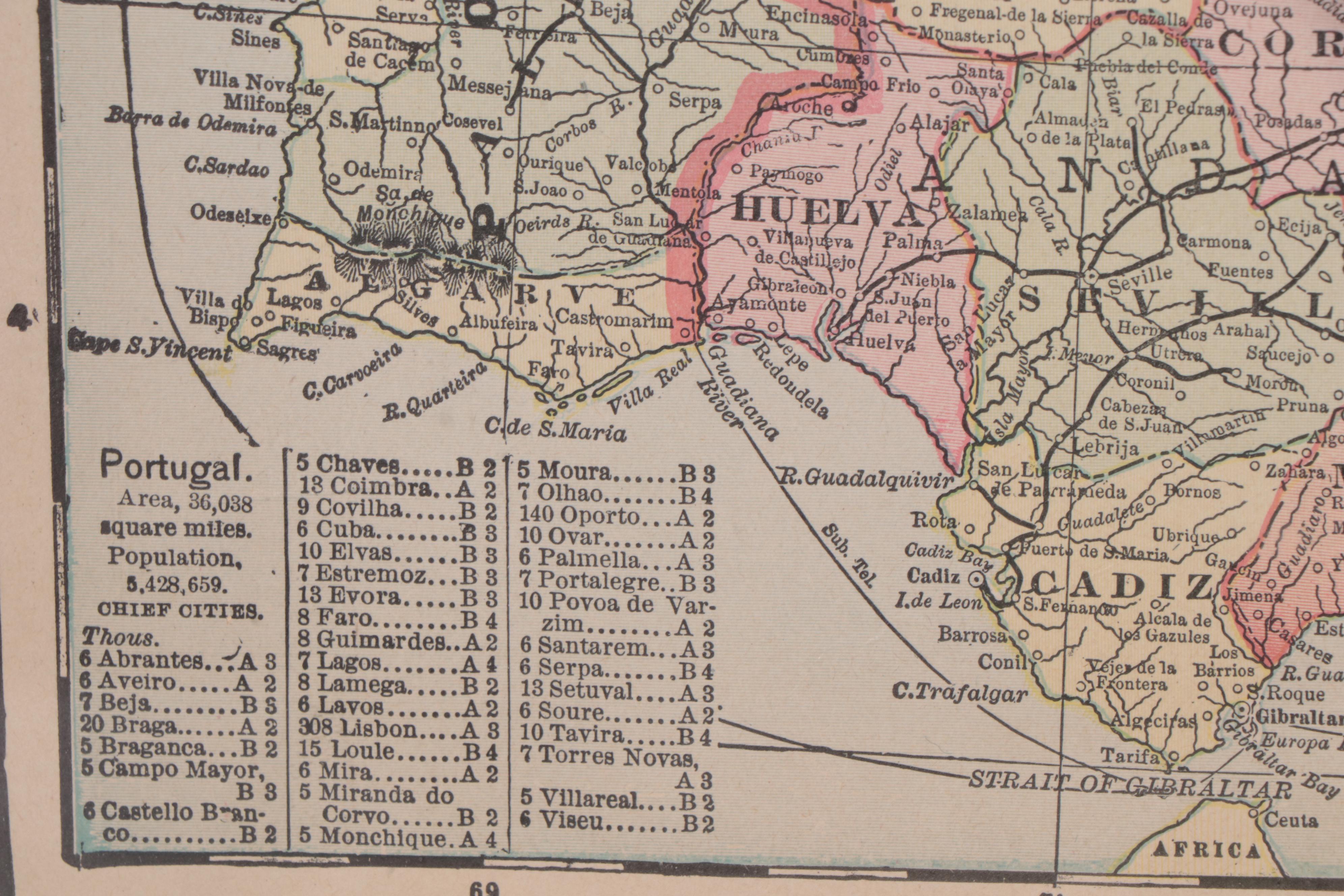 Wood Engraved Map of Spain and Portugal, 1898