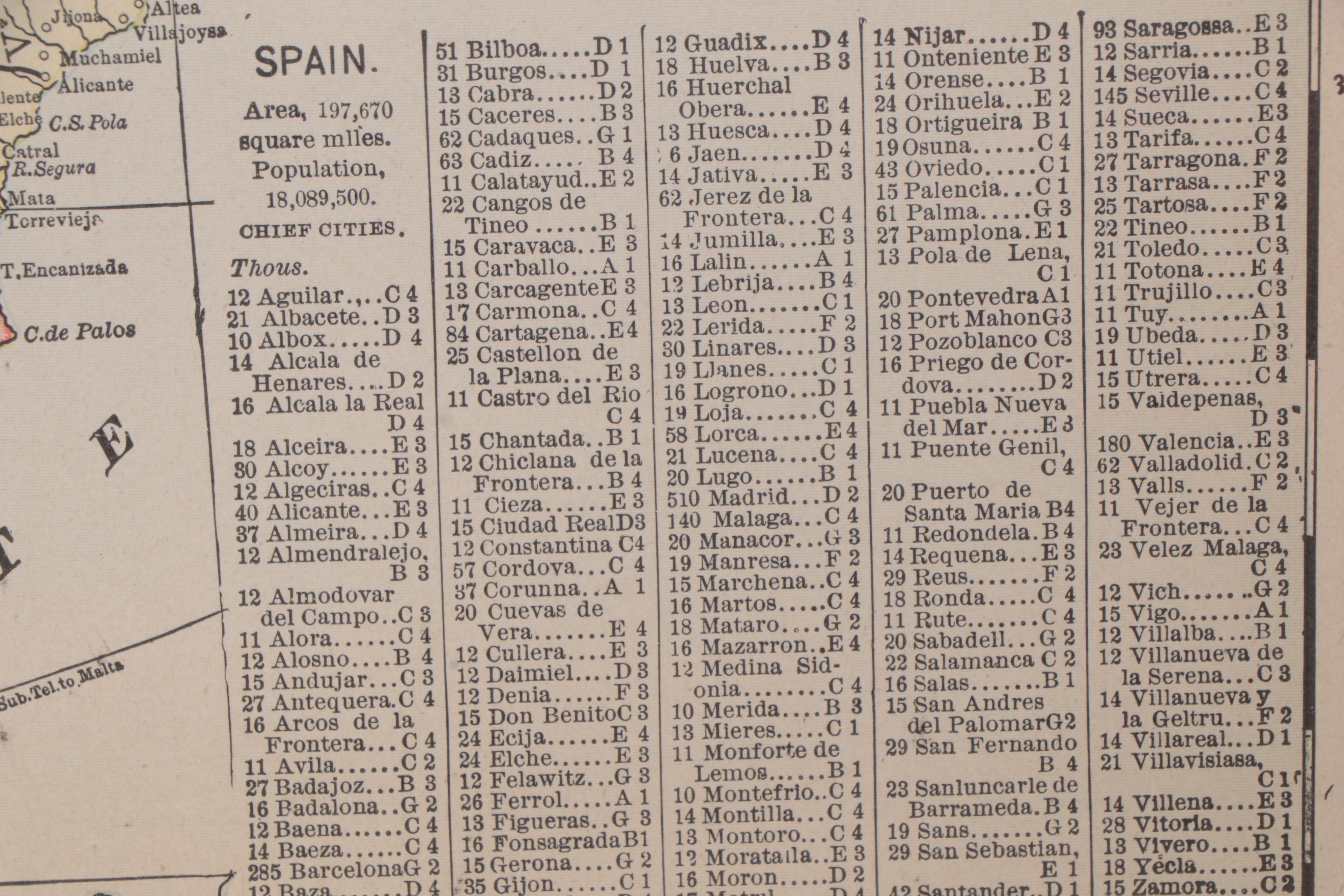 Wood Engraved Map of Spain and Portugal, 1898