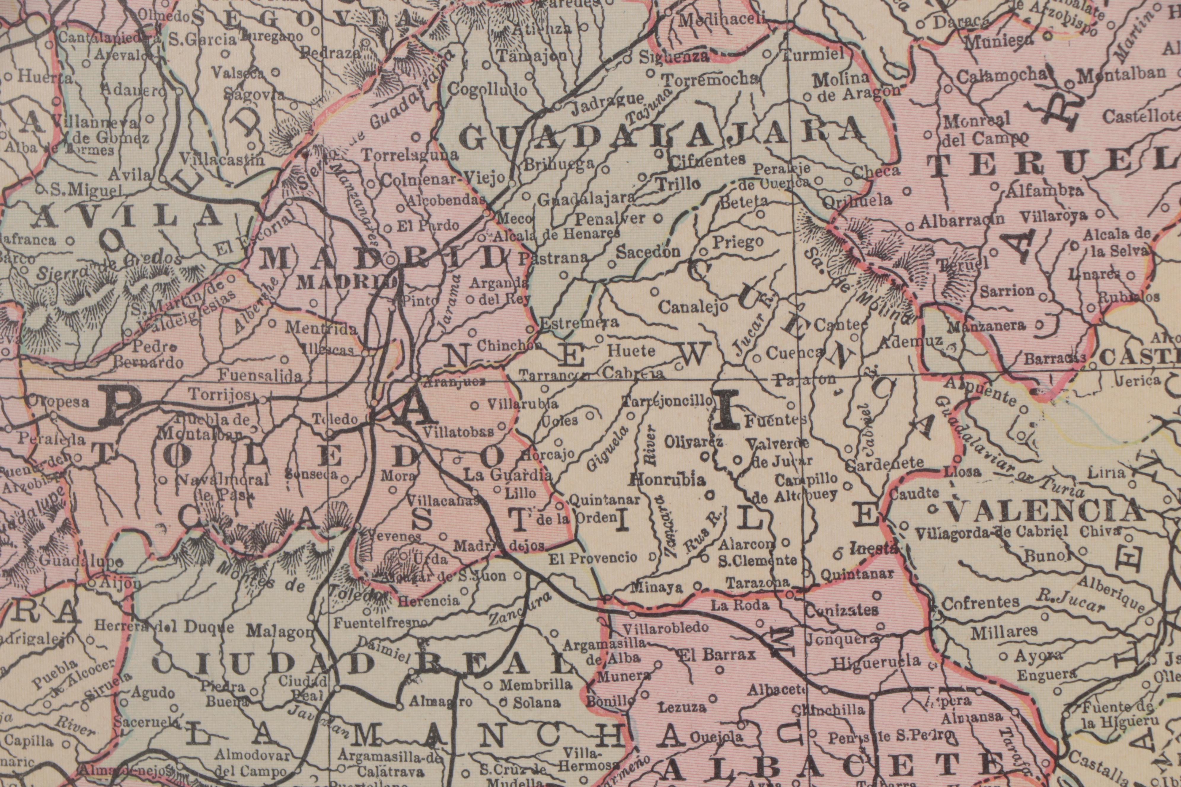 Wood Engraved Map of Spain and Portugal, 1898