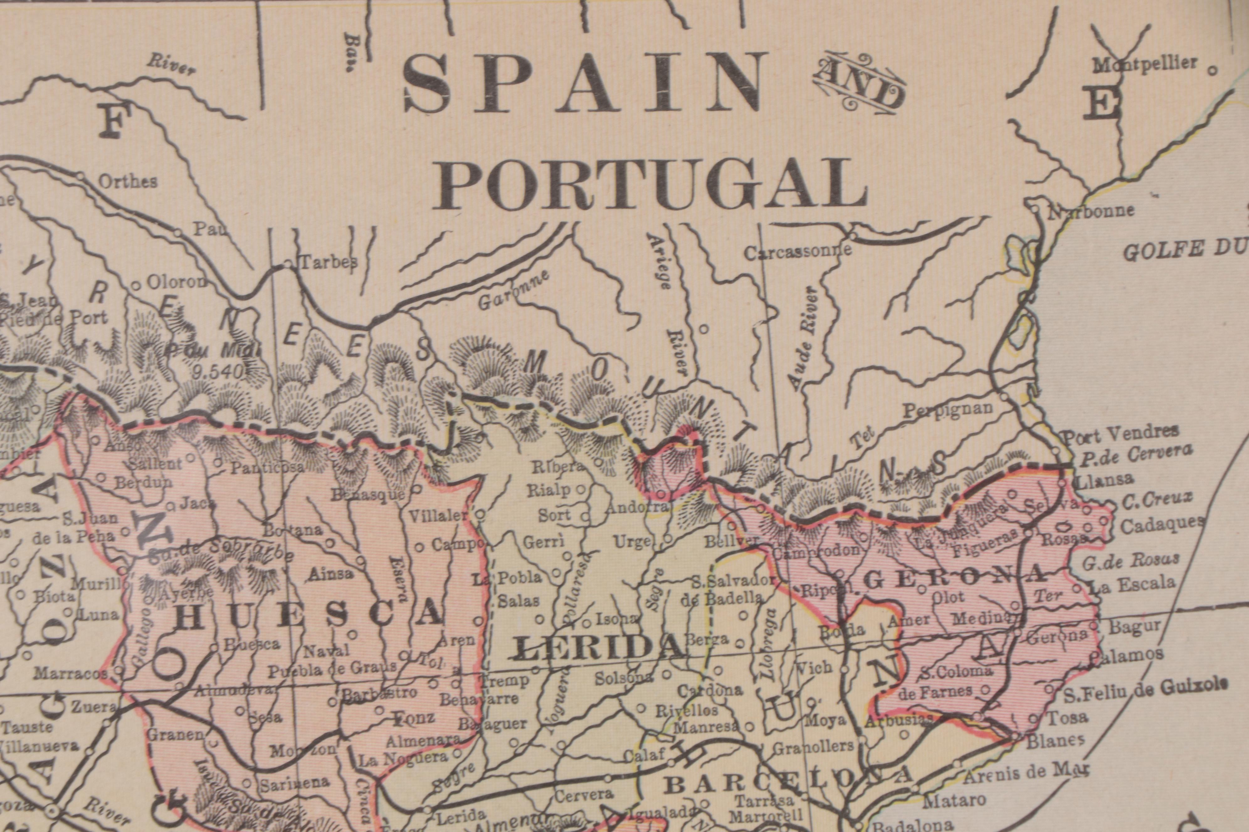 Wood Engraved Map of Spain and Portugal, 1898