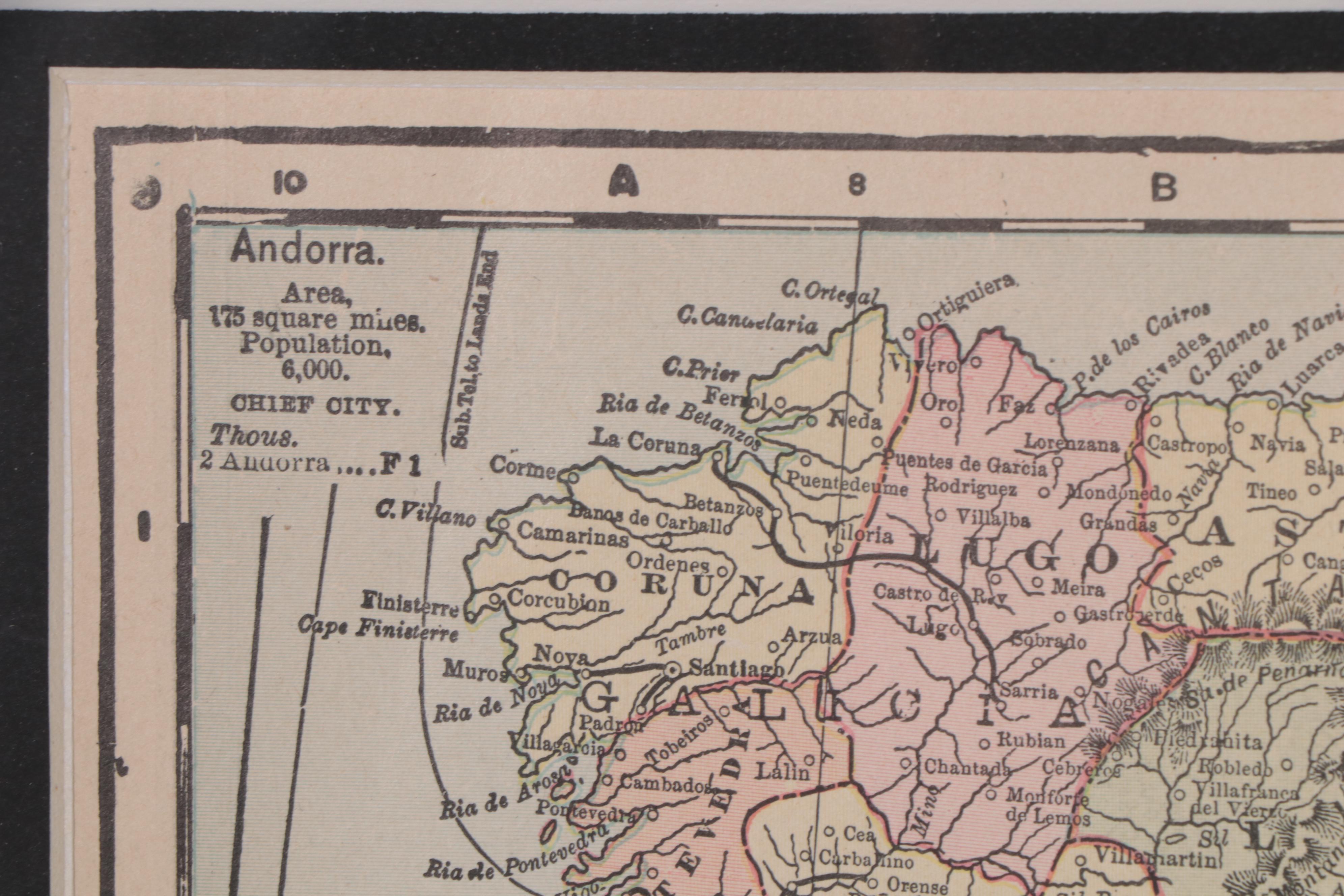 Wood Engraved Map of Spain and Portugal, 1898