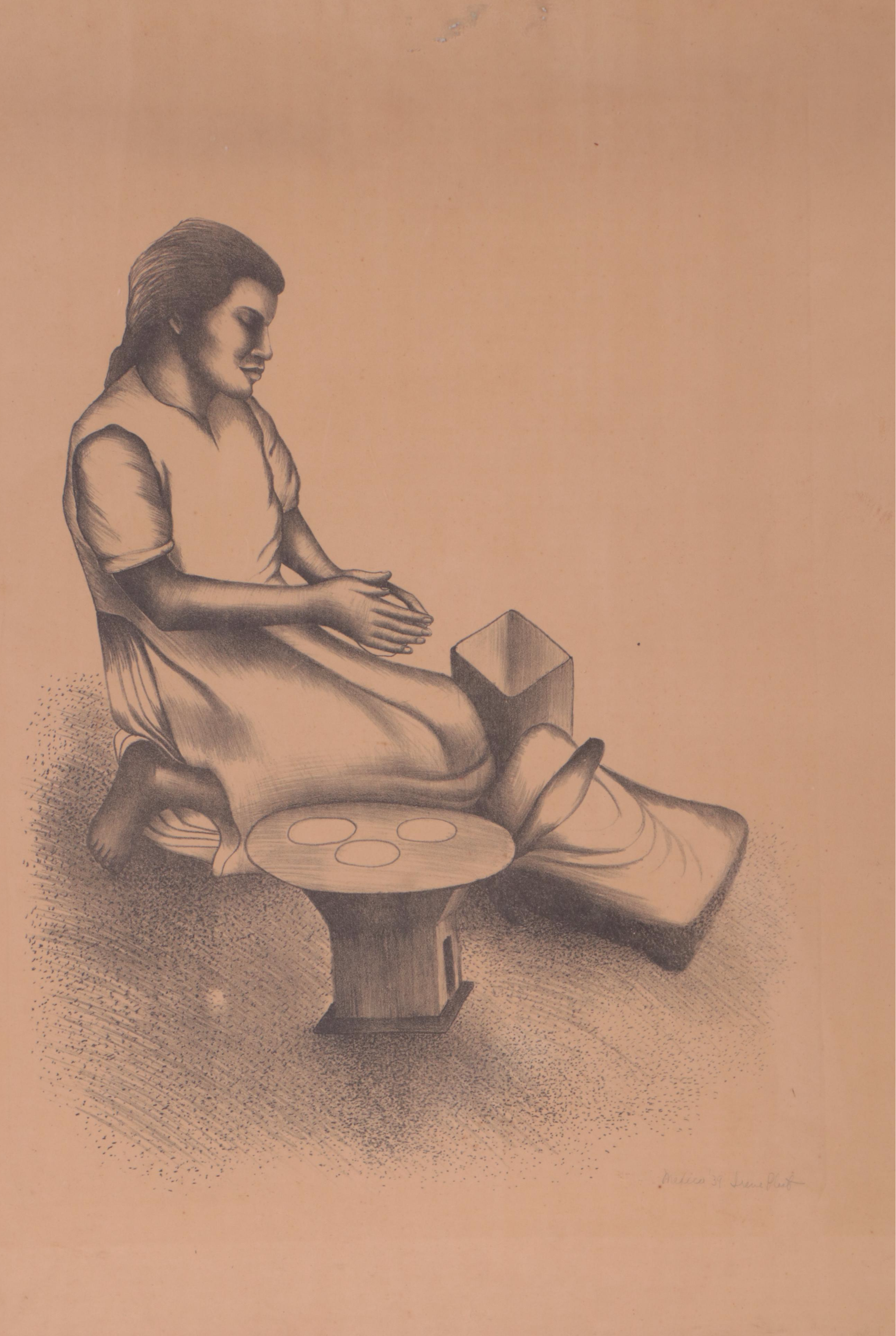 Figural Charcoal Drawing of a Kneeling Woman, 1939