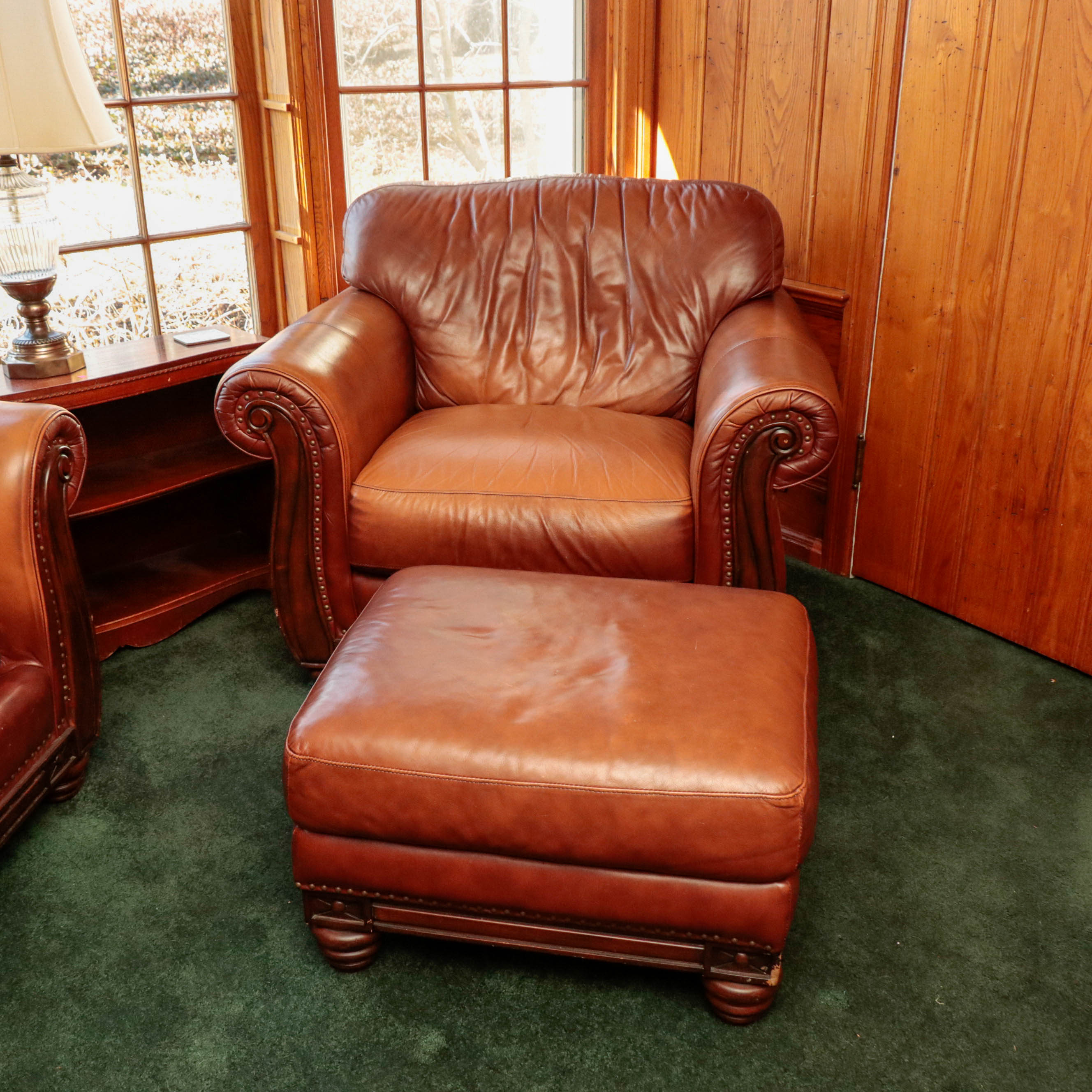 LeatherTrend Saddle Tan Leather and Carved Wood Club Chair with Ottoman