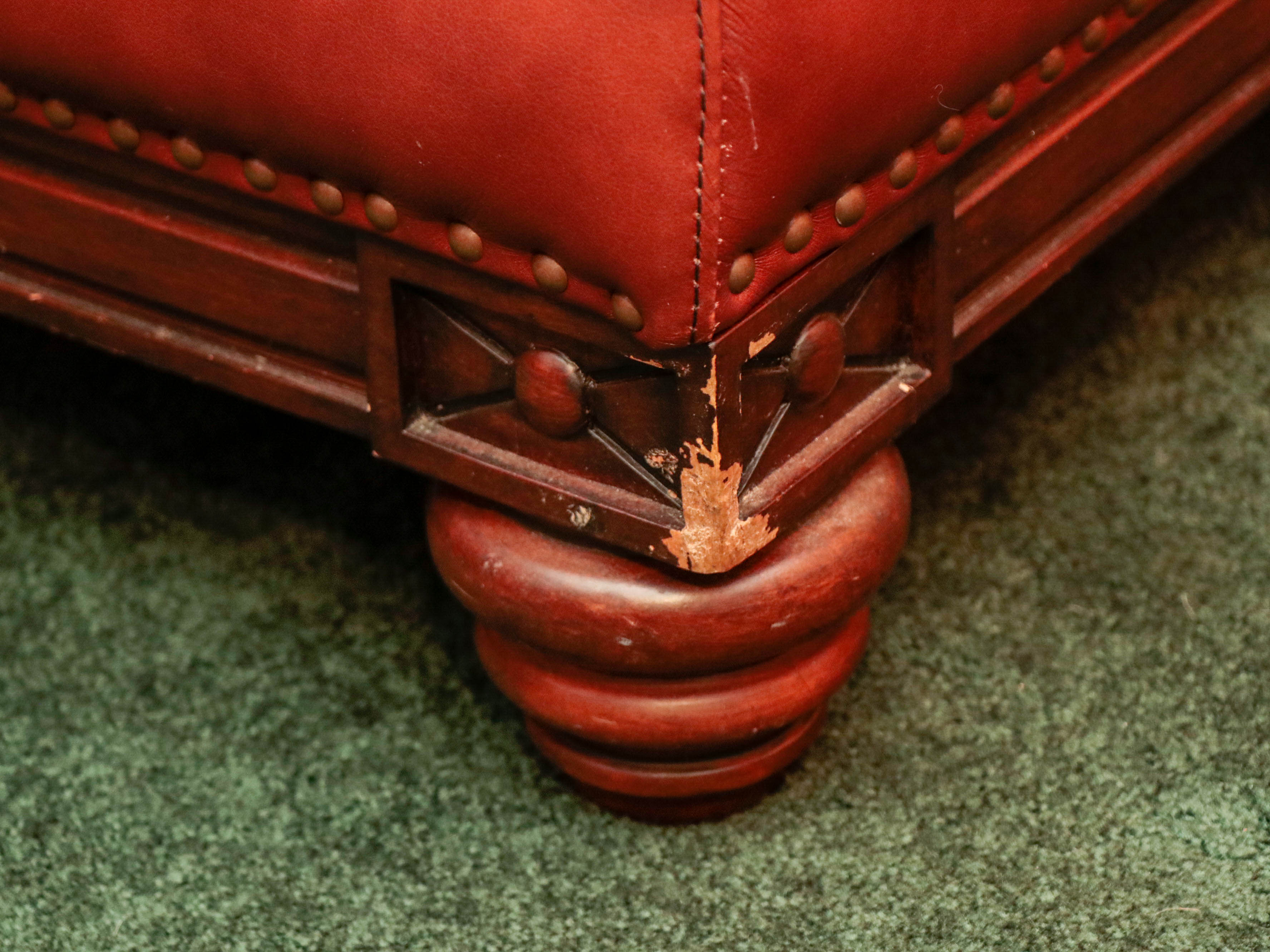 LeatherTrend Saddle Tan Leather and Carved Wood Club Chair with Ottoman