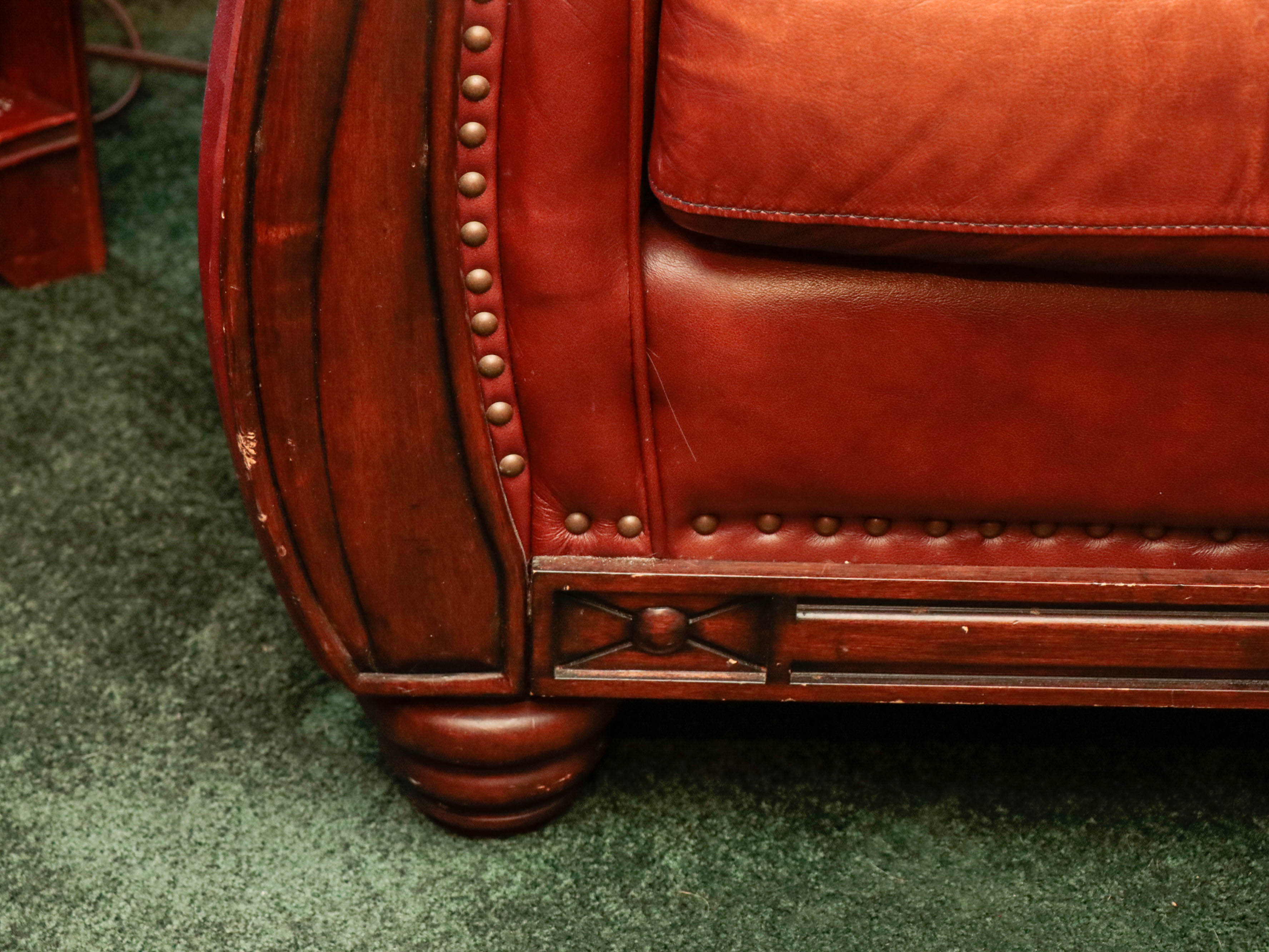 LeatherTrend Saddle Tan Leather and Carved Wood Club Chair with Ottoman