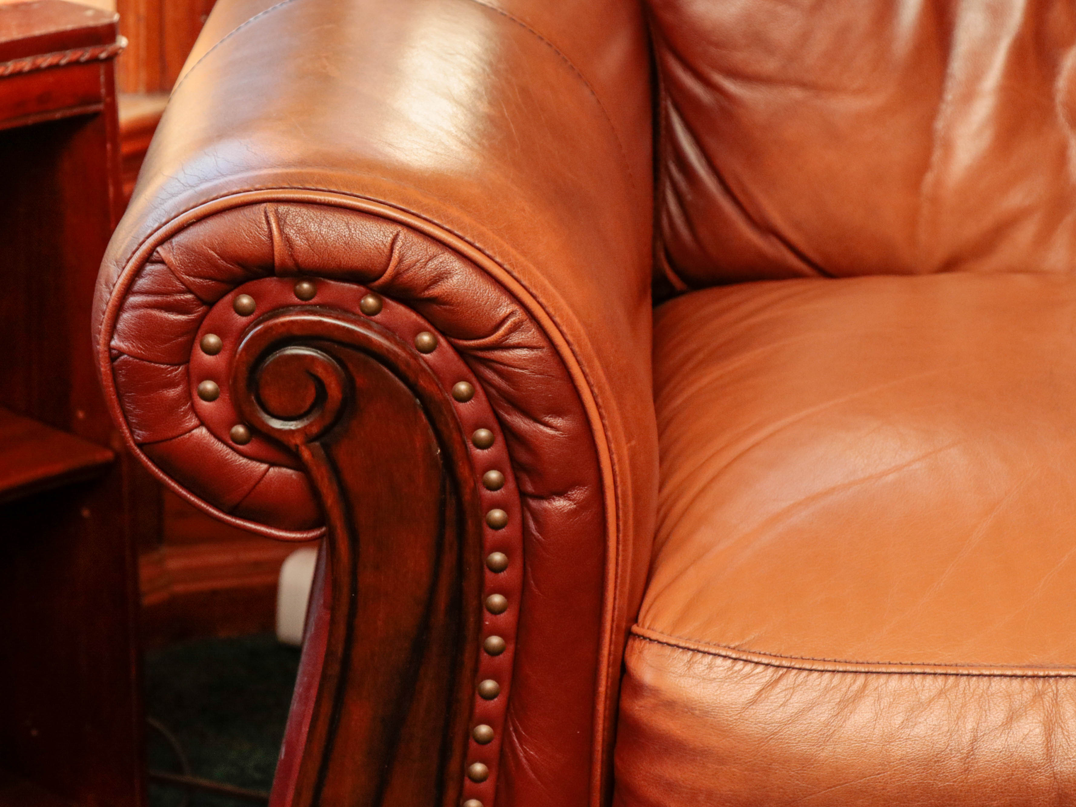 LeatherTrend Saddle Tan Leather and Carved Wood Club Chair with Ottoman