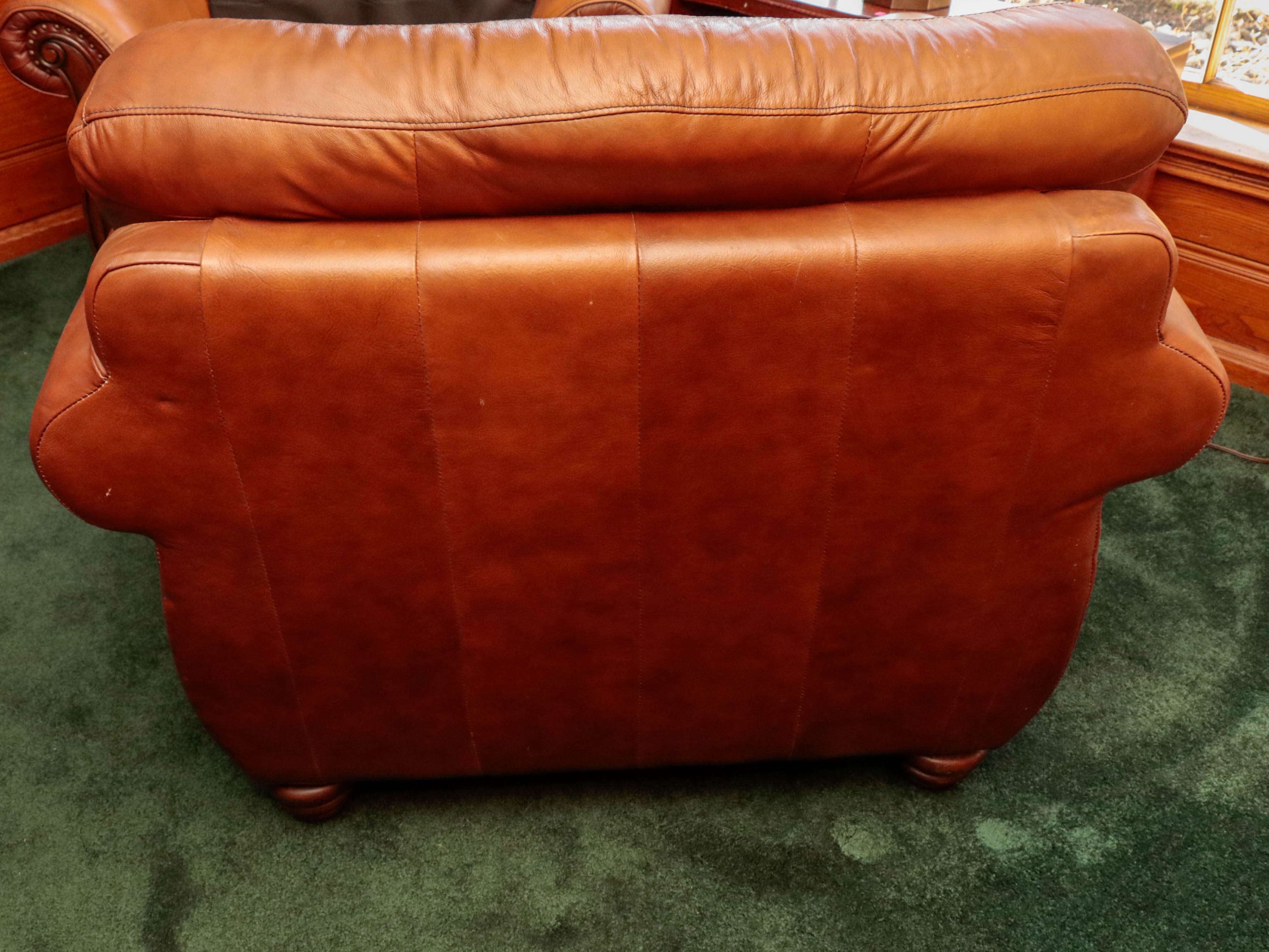 LeatherTrend Saddle Tan Leather and Carved Wood Club Chair with Ottoman