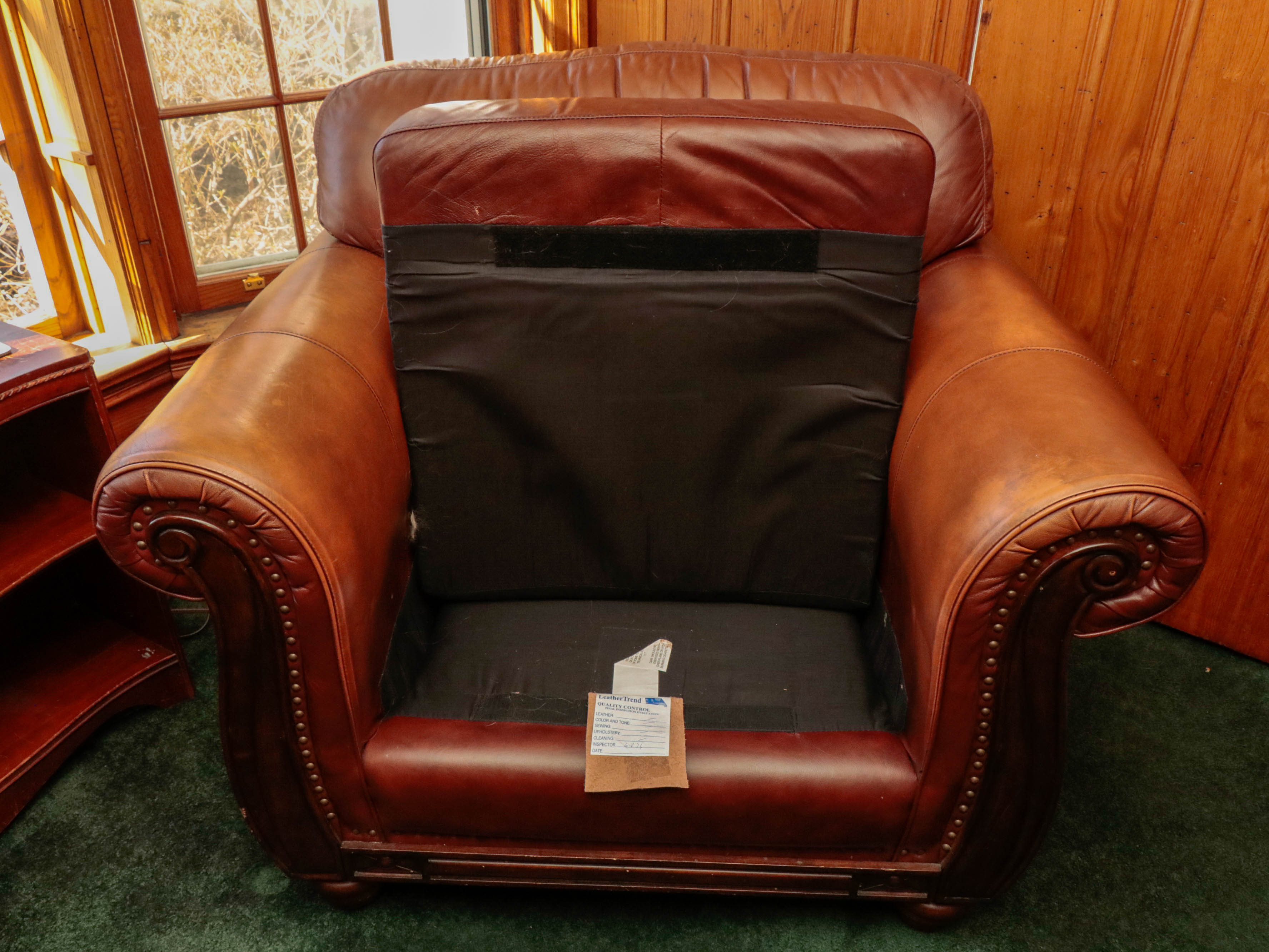 LeatherTrend Saddle Tan Leather and Carved Wood Club Chair with Ottoman