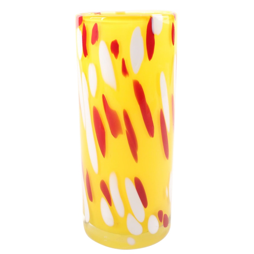 Bohemian Blown Yellow with Red and White Spots Cylindrical Art Glass Vase