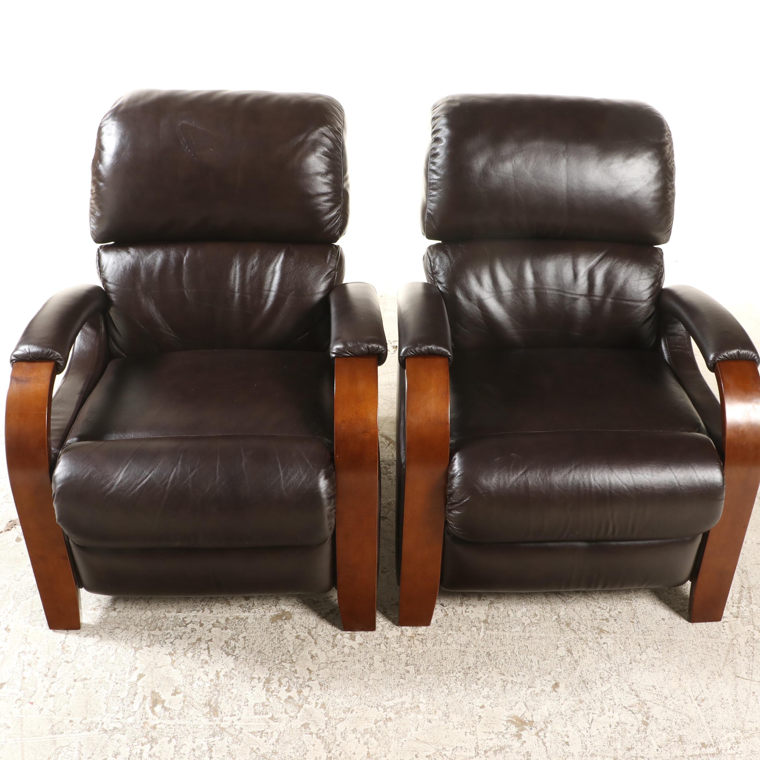 La-Z-Boy Pair of Leather Art Deco Style Manual Reclining Chairs