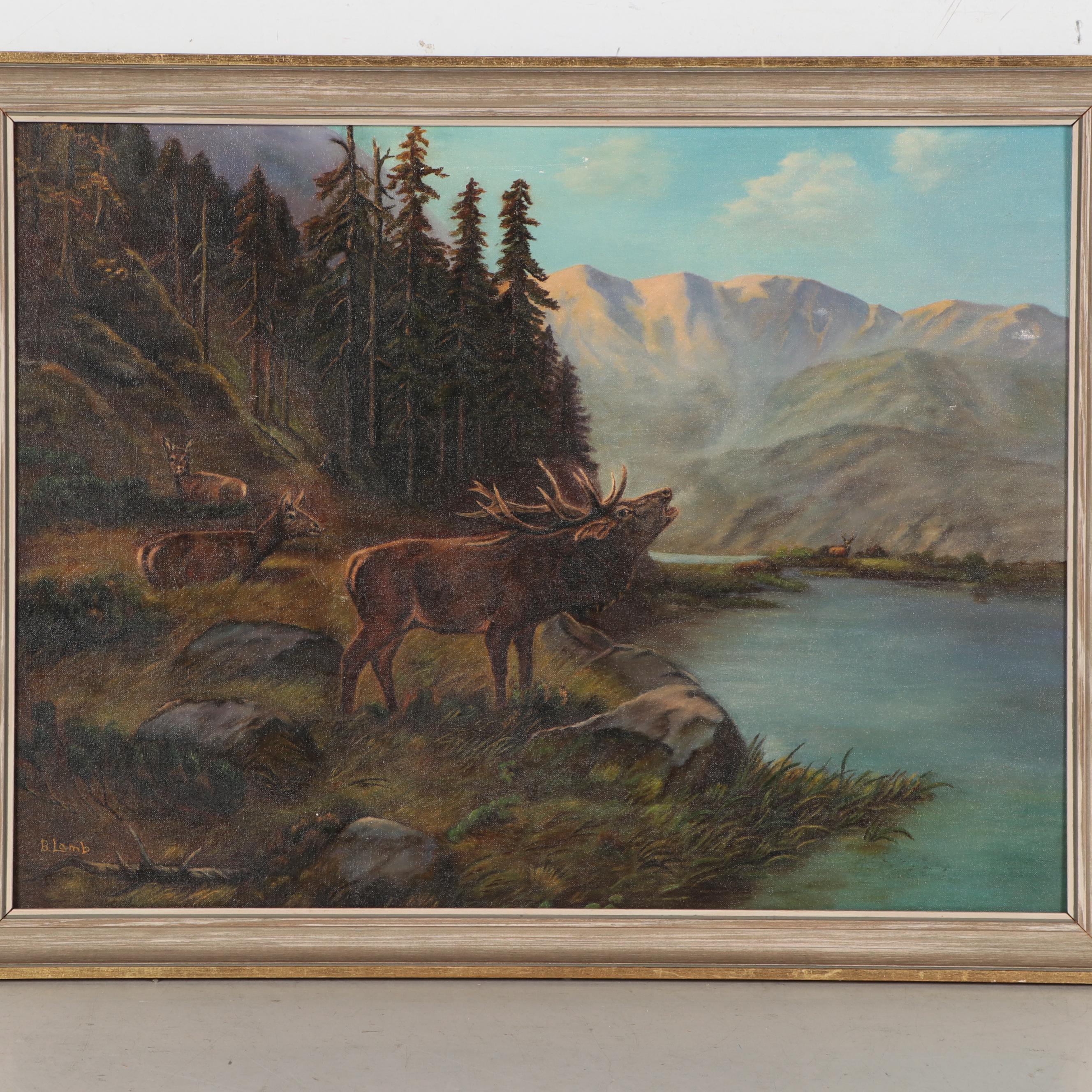 B. Lamb Landscape Oil Painting of Elk Near a River, Late 20th Century