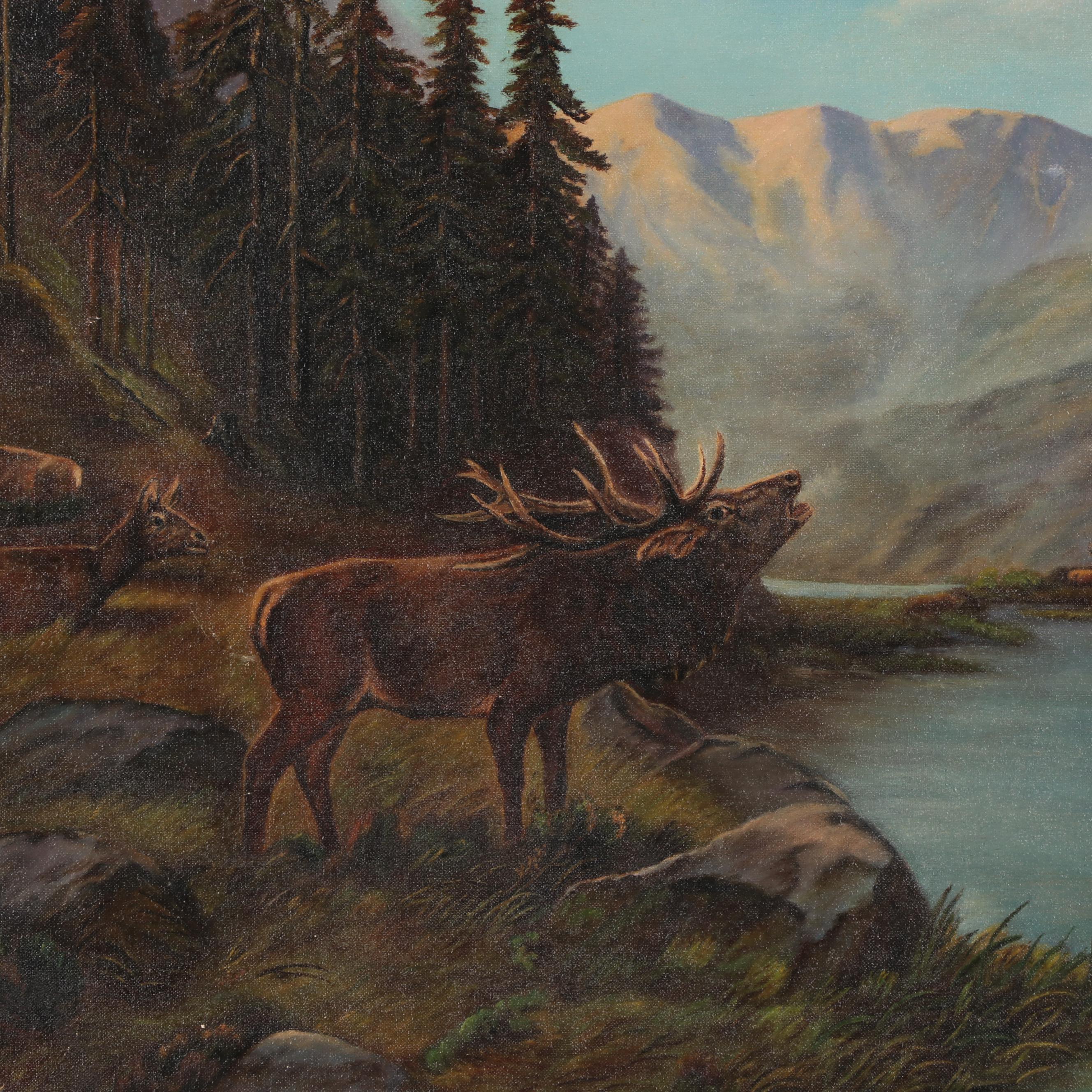 B. Lamb Landscape Oil Painting of Elk Near a River, Late 20th Century